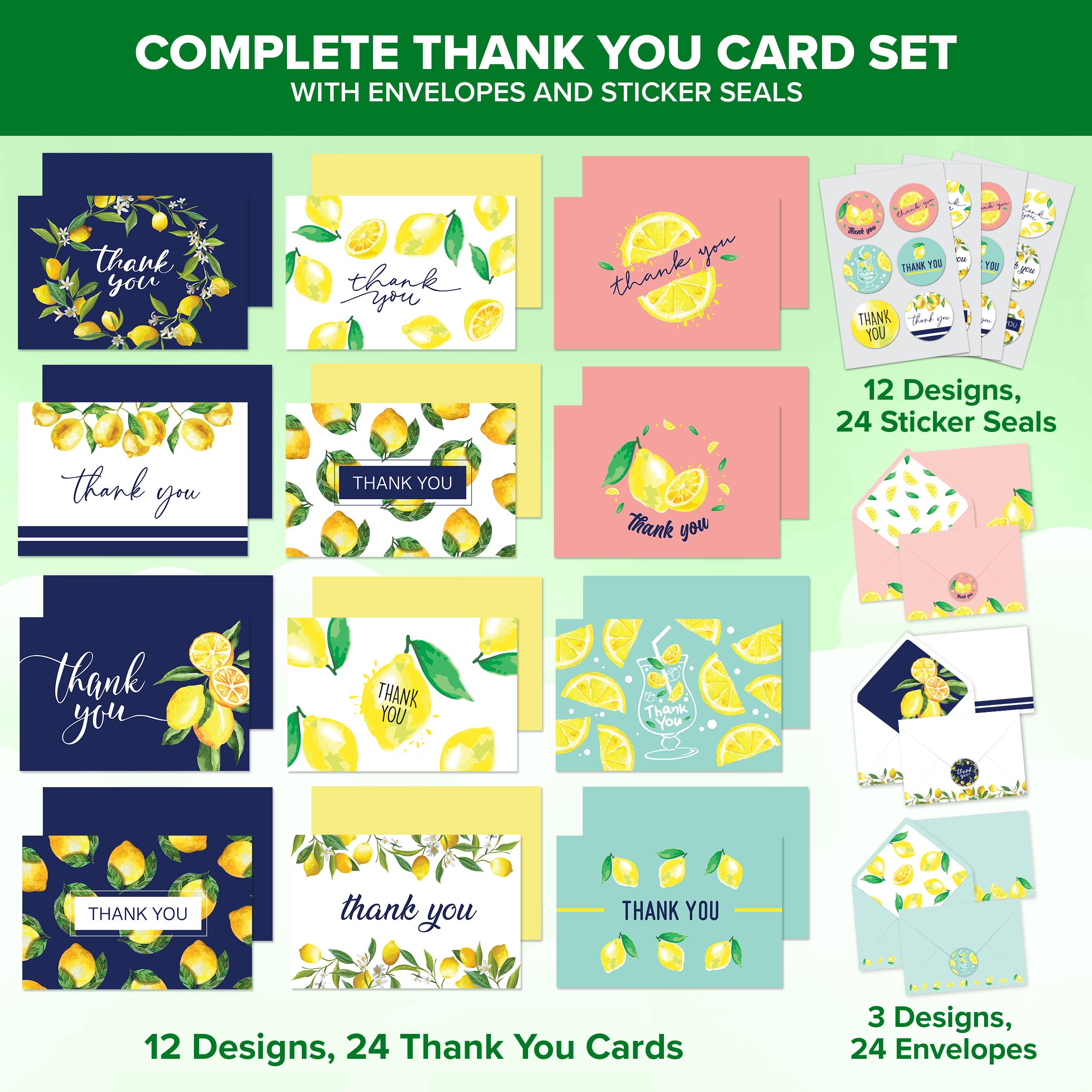 Decorably Thank You Cards with Envelopes & Stickers - 24 Pack Lemon Thank You Cards with Envelopes & Stickers, Blank Inside Lemon Note Cards, 6x4 Citrus Thank You Cards Bridal Shower Card, Lemon Card