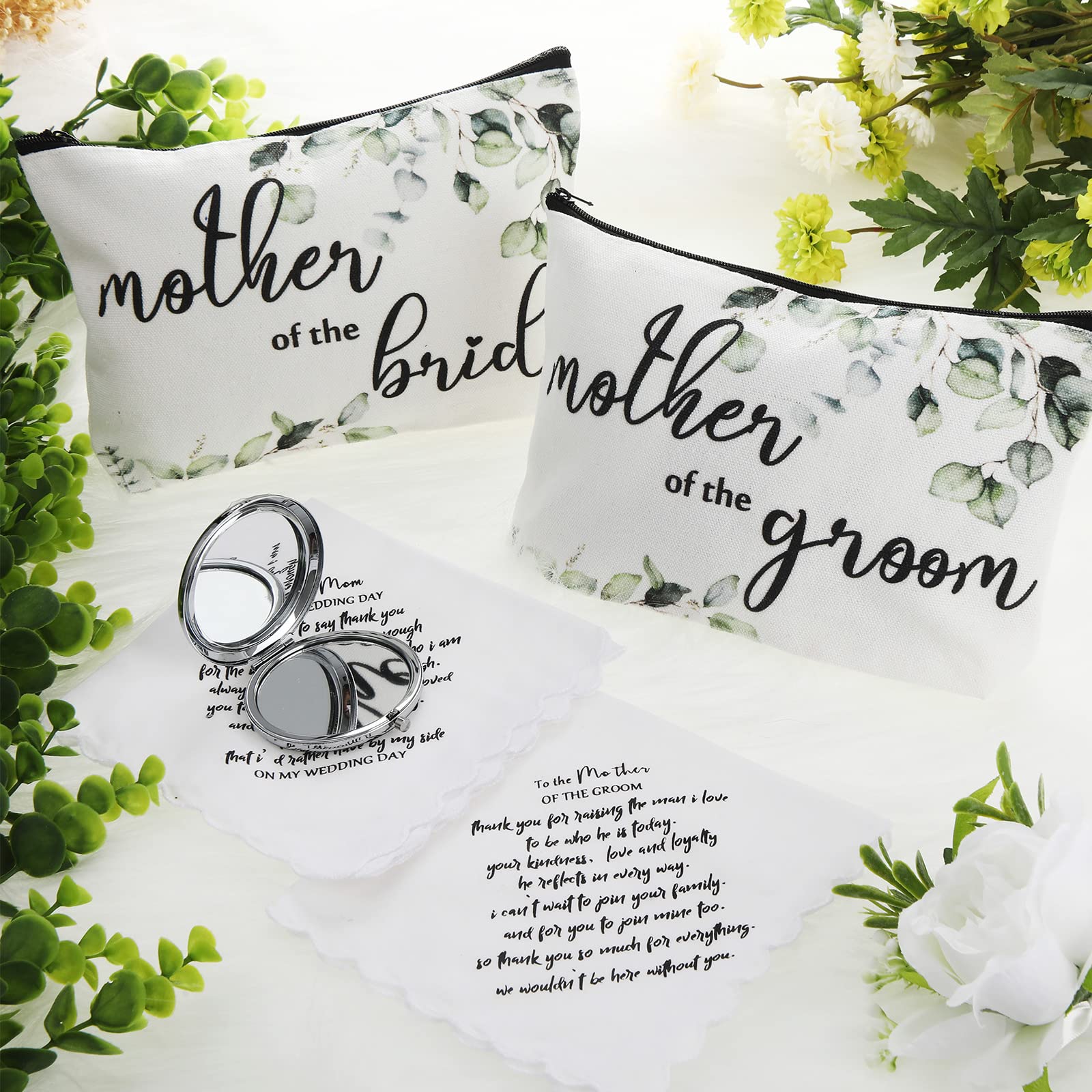 Coume 6 Pack Mother of the Groom Mother of the Bride Cosmetic Bag Wedding Gifts Mother of Bride and Groom Makeup Mirror Mom Handkerchief for Mother and Mom in Law for Engagement Favor (Leaves)