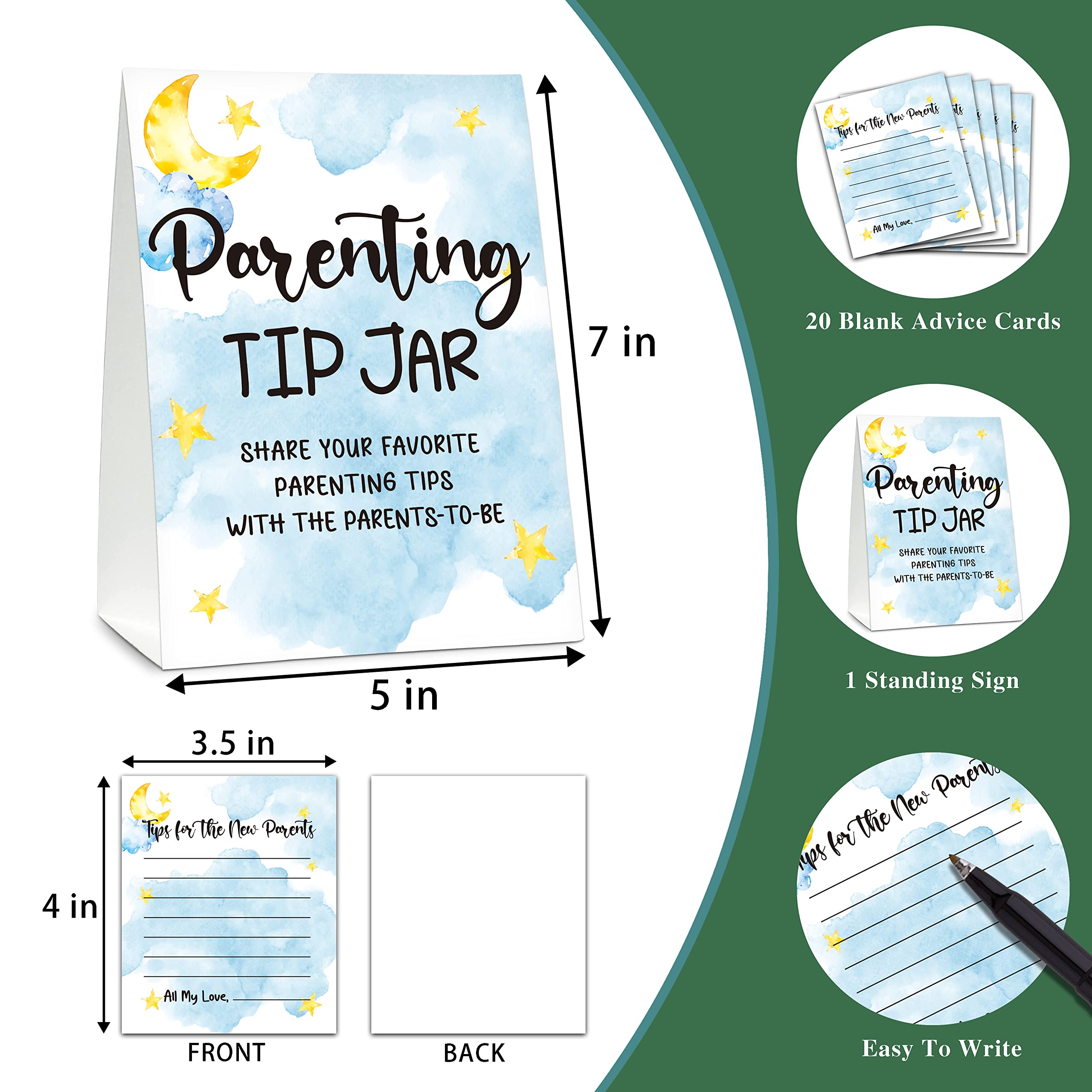 Baby Shower Games, Parenting Tip Jar Party Games(1 Standing Sign + 20 Advice Cards), Moon and Stars Advice Cards for New Parents, Sleepover Theme Baby Shower/Gender Reveal Party Favor Decor(A05)