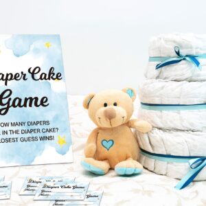 Baby Shower Game Set, Diaper Cake Games(1 Standing Sign + 50 Guessing Cards), Moon and Stars Guess How Many Diapers Party Game, Sleepover Theme Gender Reveal Party Favor Decor(A06)