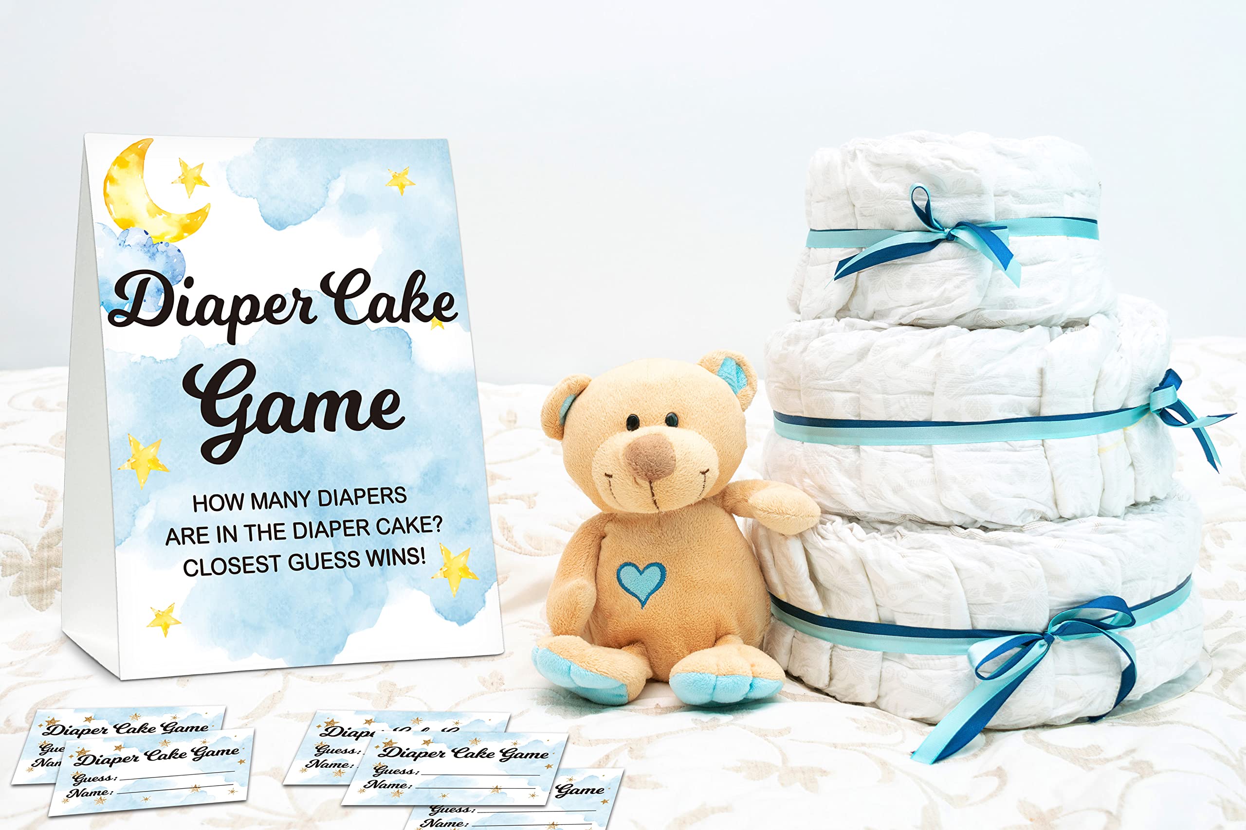 Baby Shower Game Set, Diaper Cake Games(1 Standing Sign + 50 Guessing Cards), Moon and Stars Guess How Many Diapers Party Game, Sleepover Theme Gender Reveal Party Favor Decor(A06)