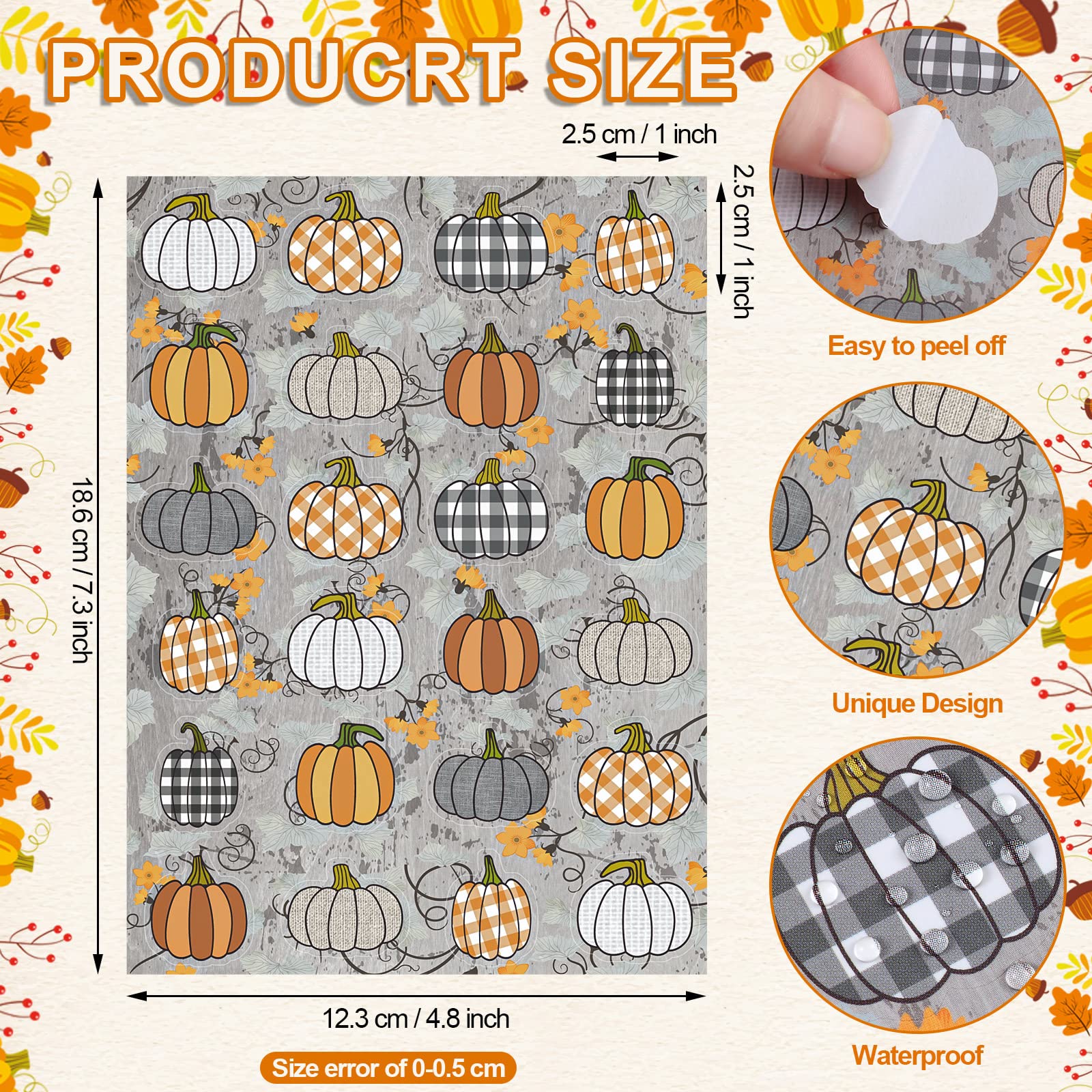 480 Pcs Pumpkin Stickers for Kids Fall Thanksgiving Autumn Stickers Farmhouse Rustic Pumpkin Stickers Buffalo Plaid Pumpkins Stickers for Fall Thanksgiving Party Classroom Decor (Delicate Style)