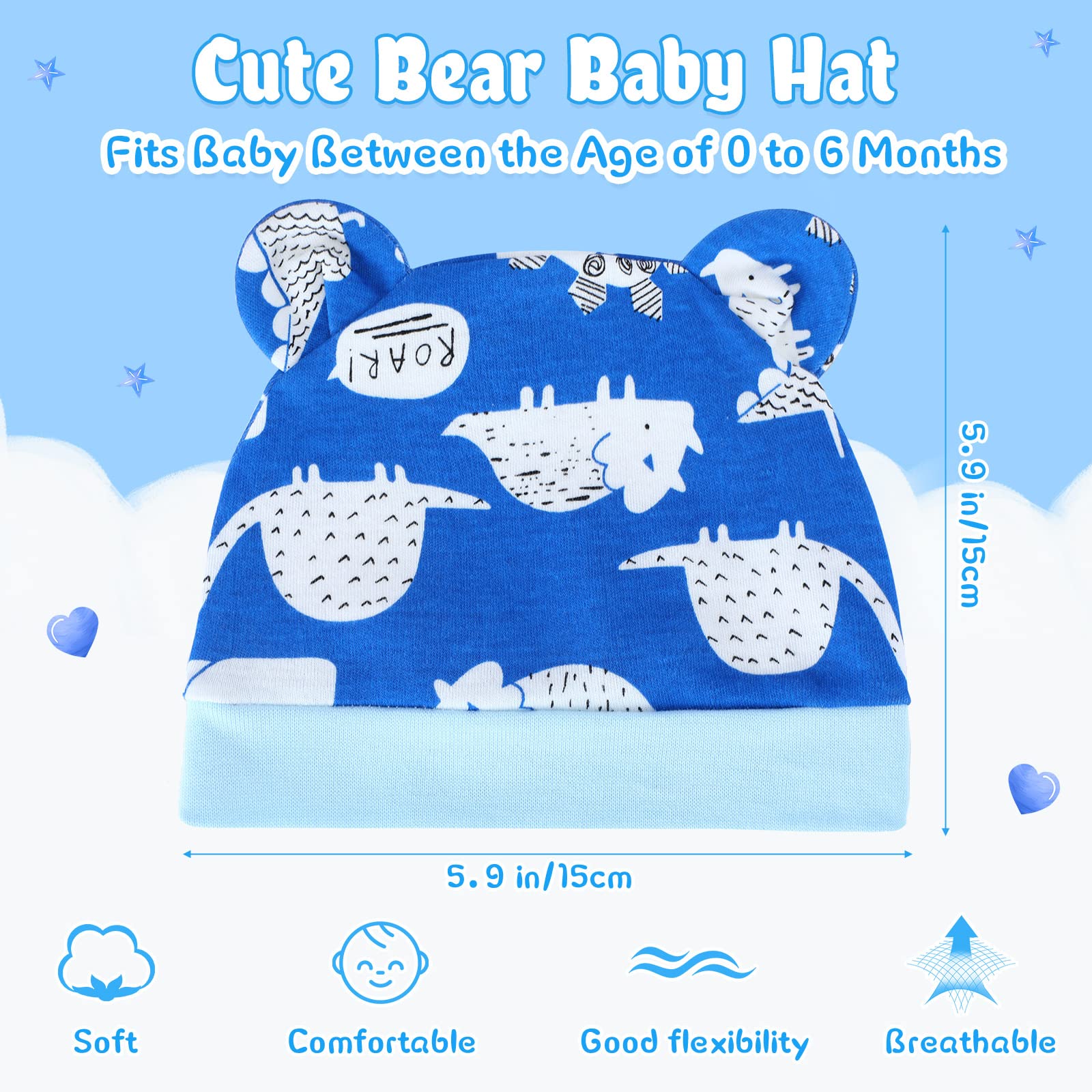 6 Pieces Newborn Baby Hat Bear Ears Infant Caps Baby Boy Girl Toddler Hats Infant Beanie Caps for 0-3 Months (Gray, Blue, White, Dark Blue,Cool)