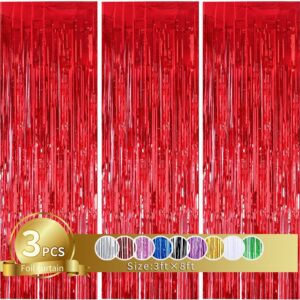 TONIFUL 3Pcs Red Door Streamers,Red Photo Booth Backdrop Metallic Streamers Red Foil Fringe Curtains for Birthday,Christmas,New Year,Bachelorette,Graduation Party Streamers Decor(9.9ft x 8.2ft)