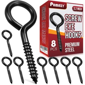 8pcs screw eyes, 3.2 inch black eye hooks screw self tapping eye, heavy duty eye bolt for wood securing cables wire, hammock stand, indoor & outdoor use