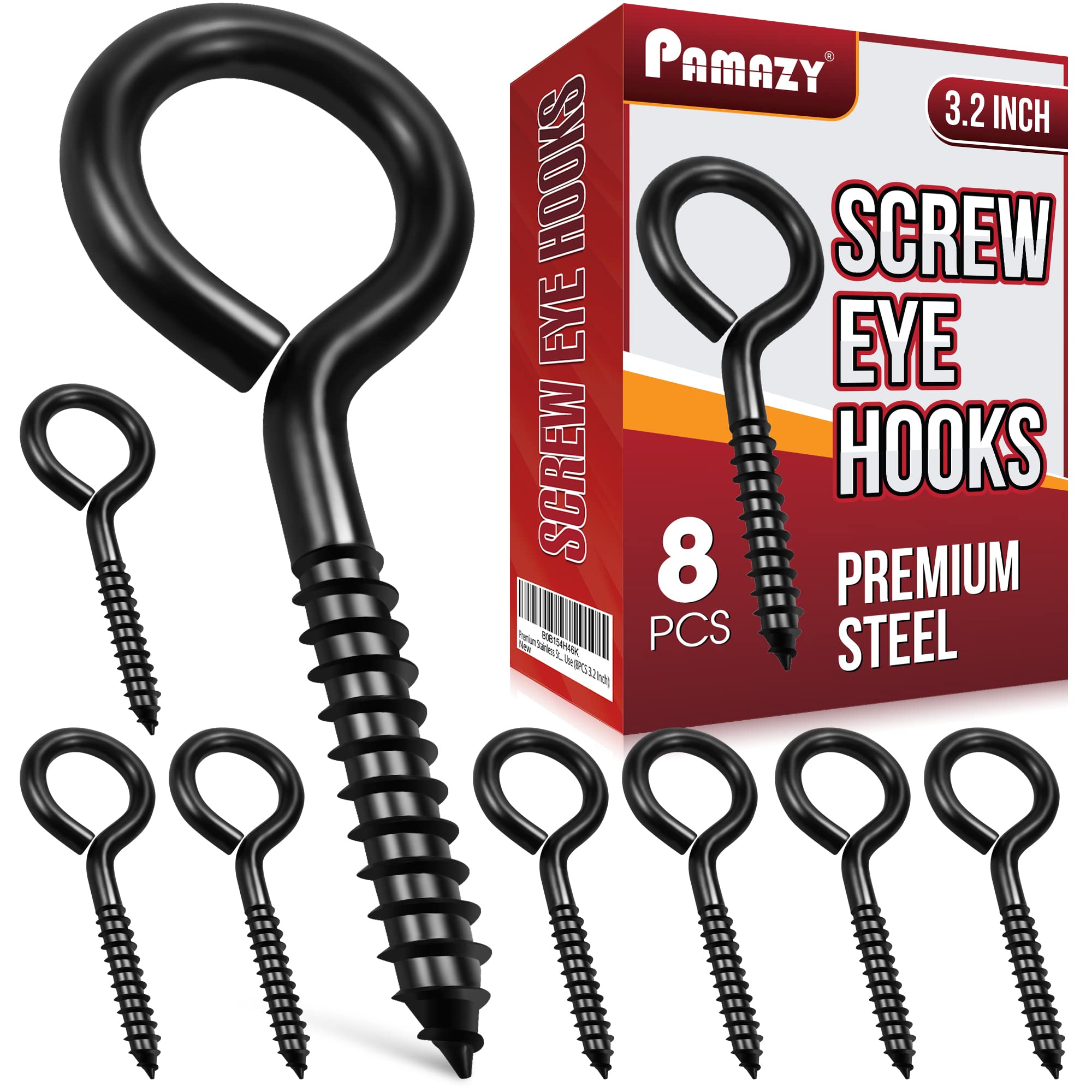 8PCS Screw Eyes, 3.2 Inch Black Eye Hooks Screw Self Tapping Eye, Heavy Duty Eye Bolt for Wood Securing Cables Wire, Hammock Stand, Indoor & Outdoor Use