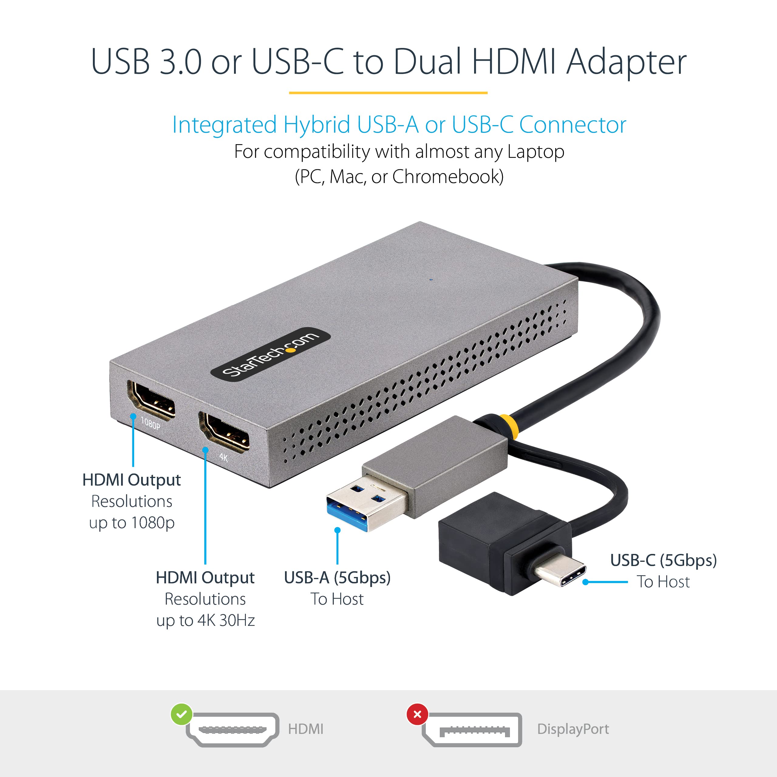 StarTech.com USB to Dual-HDMI Adapter, USB A/C to 2x HDMI Displays (1x 4K30, 1x 1080p), USB 3.0 to HDMI Converter, Win/Mac