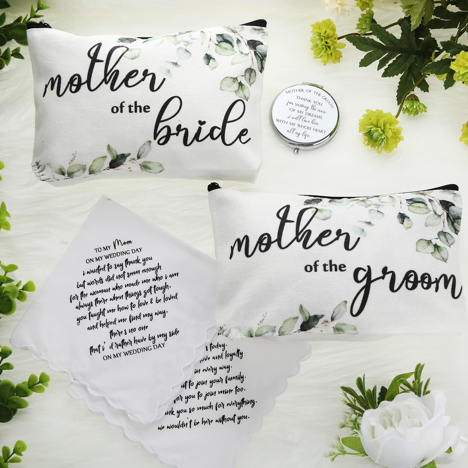 Coume 6 Pack Mother of the Groom Mother of the Bride Cosmetic Bag Wedding Gifts Mother of Bride and Groom Makeup Mirror Mom Handkerchief for Mother and Mom in Law for Engagement Favor (Leaves)