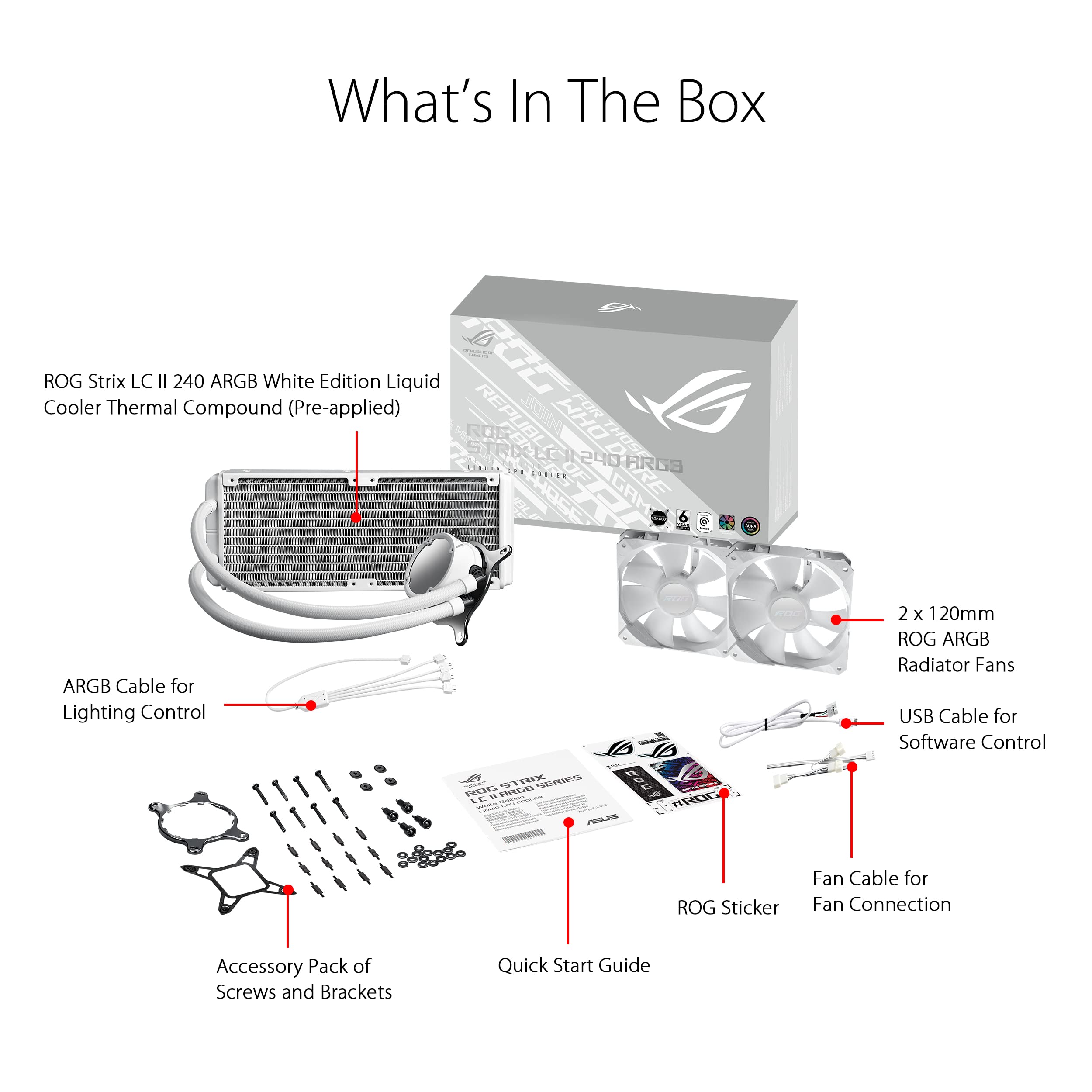 ASUS ROG Strix LC II 240 ARGB White Edition All-in-one AIO Liquid CPU Cooler 240mm Radiator, Intel LGA1700, 115x/2066 and AMD AM4/TR4 Support, 2X 120mm 4-pin PWM Addressable RGB Radiator Fans