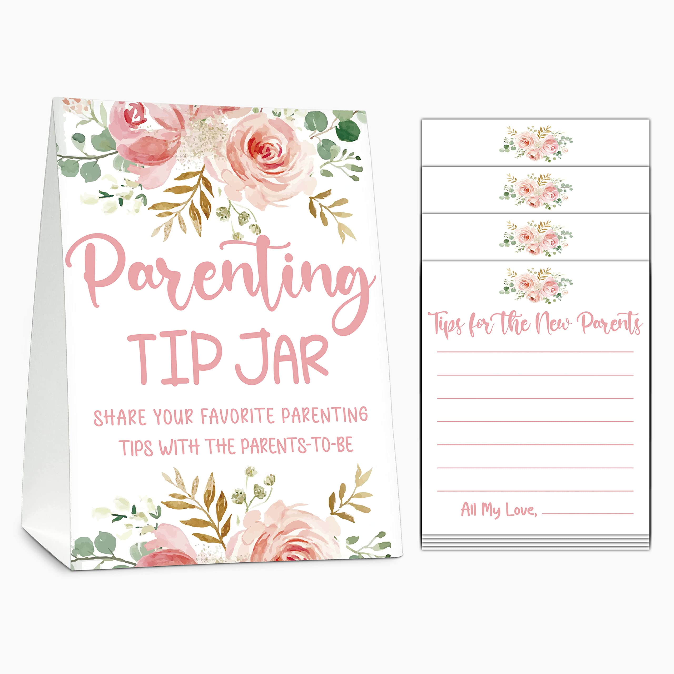 Baby Shower Game Set, Parenting Tip Jar Party Games(1 Standing Sign + 20 Advice Cards), Floral Blank Advice Cards for New Parents, Blush Pink Baby Shower/Gender Reveal Party Favor Decor(A02)