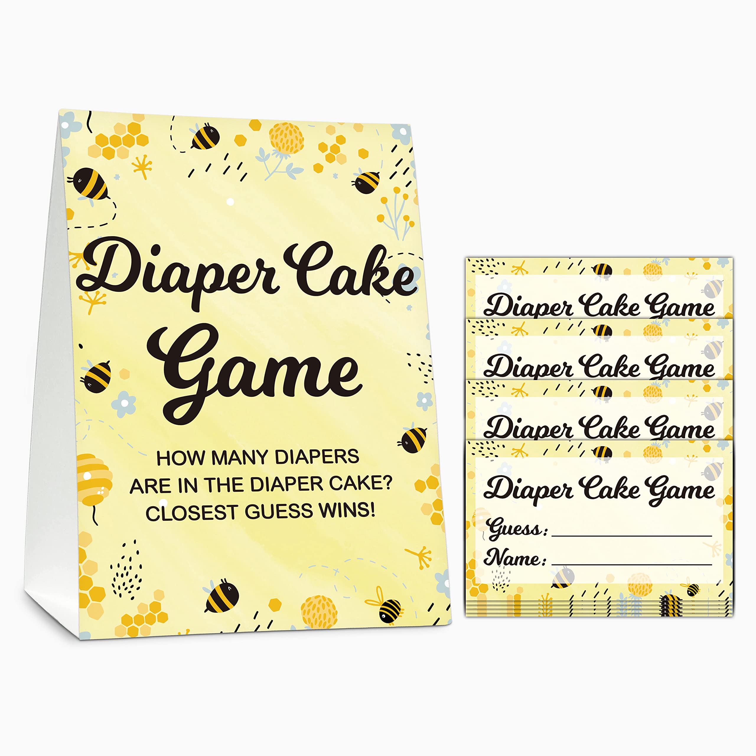 Baby Shower Game Set, Diaper Cake Games(1 Standing Sign + 50 Guessing Cards), Bumble Bee Guess How Many Diapers Party Game, Honey Honeycomb Gender Reveal Party Favor Decor(A05)