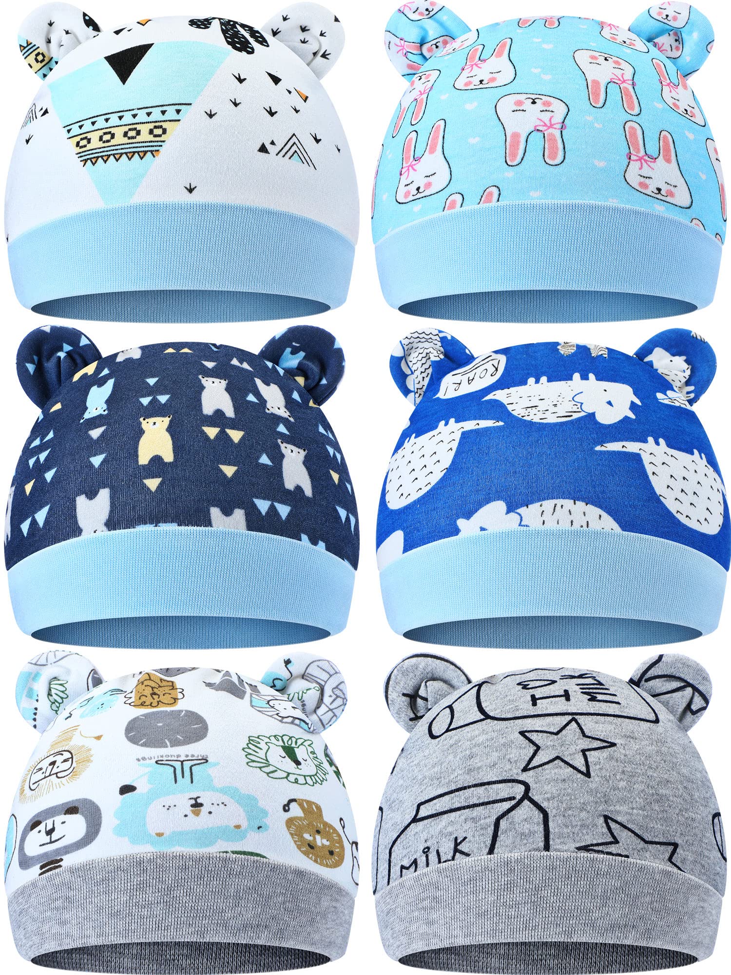 6 Pieces Newborn Baby Hat Bear Ears Infant Caps Baby Boy Girl Toddler Hats Infant Beanie Caps for 0-3 Months (Gray, Blue, White, Dark Blue,Cool)