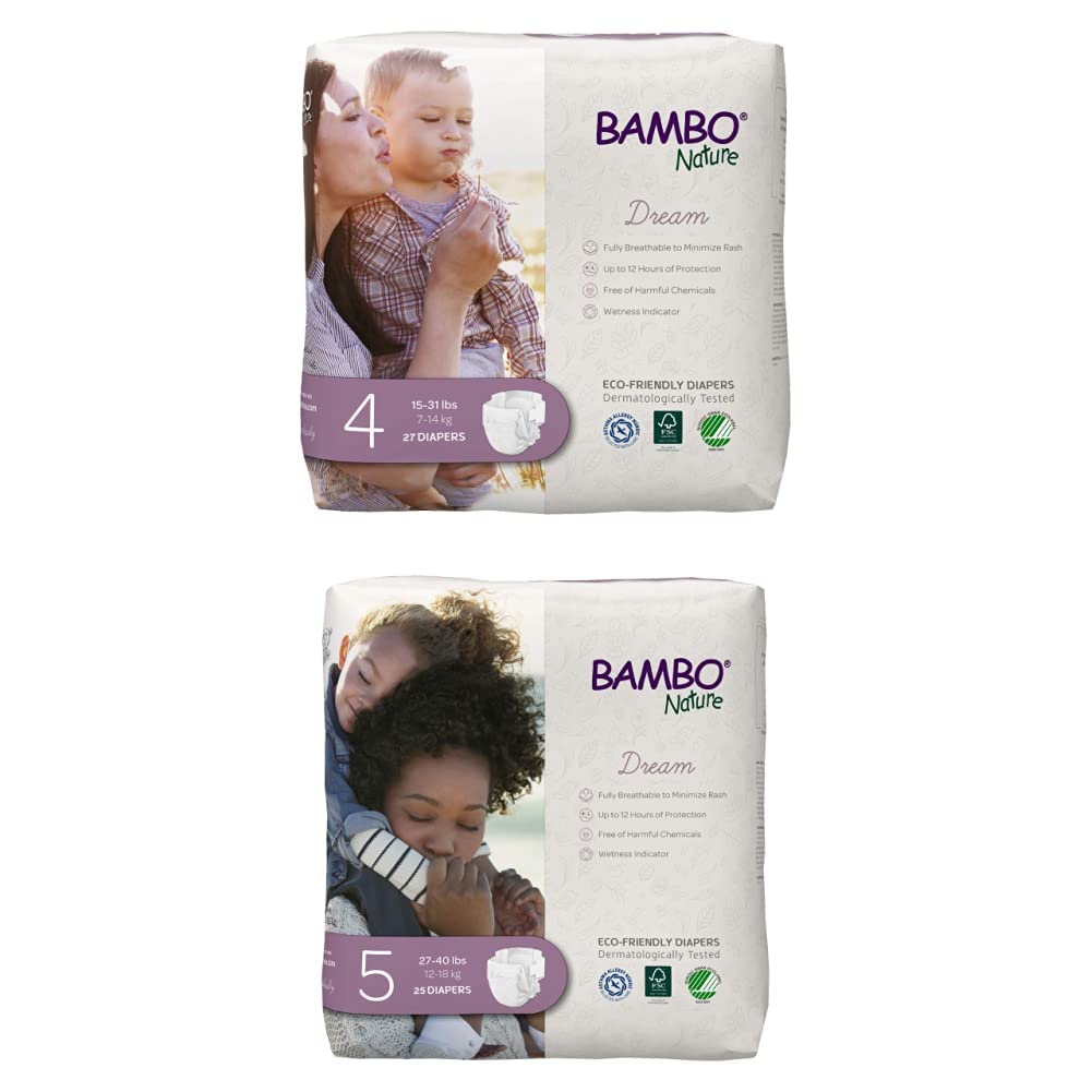 Bambo Nature Premium Eco-Friendly Baby Diapers, Size 4, 27 Count and Size 5, 25 Count