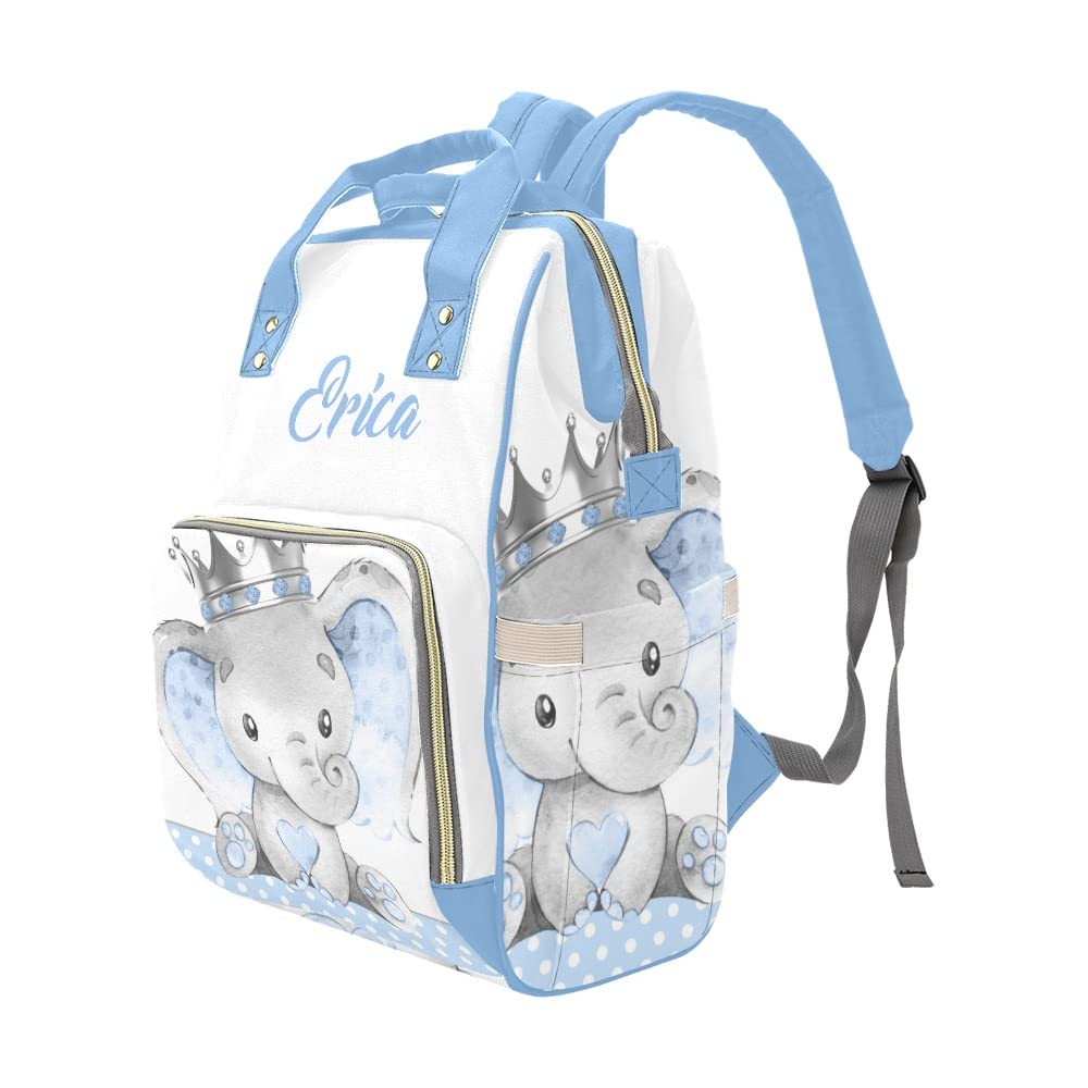 NZOOHY Cute Elephant Prince Personalized Name Diaper Bag Tote, Custom Waterproof Nursing Baby Bag Mummy Backpack for Mom Travel Outdoor, 15'' X 10.83'' X 6.69''