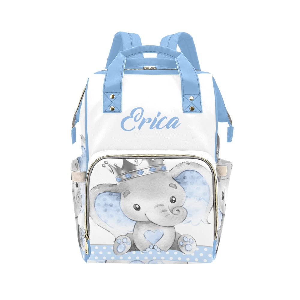 NZOOHY Cute Elephant Prince Personalized Name Diaper Bag Tote, Custom Waterproof Nursing Baby Bag Mummy Backpack for Mom Travel Outdoor, 15'' X 10.83'' X 6.69''