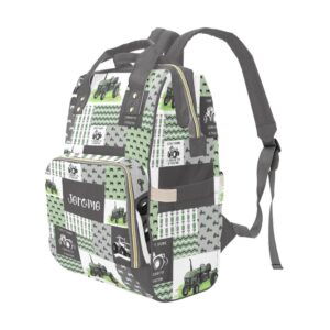 Urcustom Personalized Name Diaper Bag Backpack Retro Car Tractor Patchwork Green Multifunction Travel Backpack Nappy Bag Daypack for Mom Dad Boy Girl 10.83" L * 6.69"W * 15"H