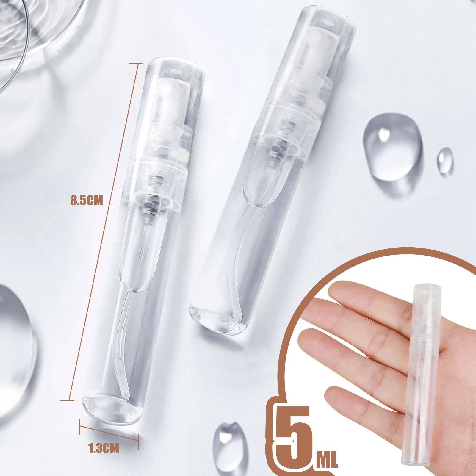 Fandamei 60PCS 5ml Mini Spray Bottle, Mini Clear Plastic Spray Bottle Empty, Fine Mist Refillable Mini Perfume Bottle, Perfume Atomizer, Small Empty Sample Containers, Plastic Portable Travel Bottle