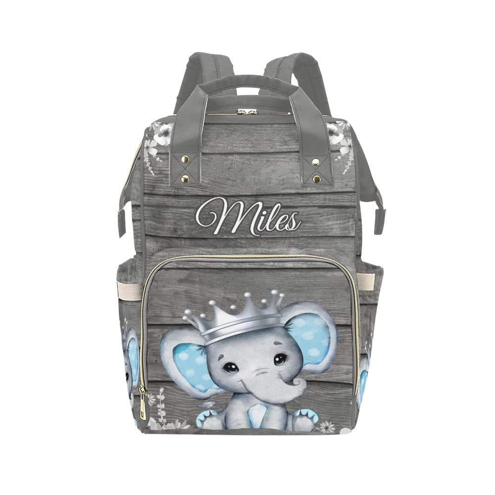 Liveweike Grey Elephant Flower Personalized Diaper Bags Backpack Custom Name Daypack Large Mommy Bag for Teen Girl Boy Student