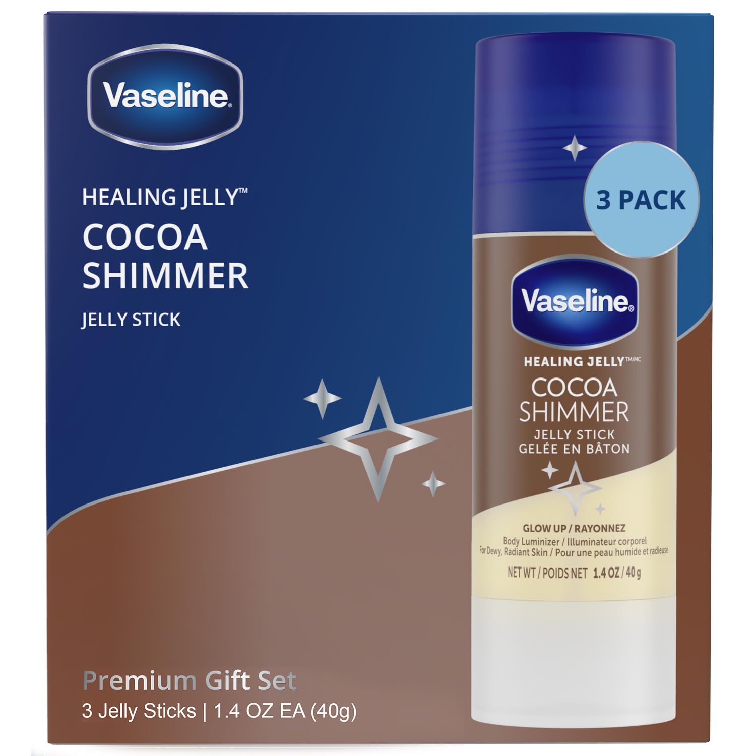 Unilever Vaseline Cocoa Shimmer Jelly Stick GLOW UP Body Luminizer For Dewy Radiant Skin 1.4 oz - 3 Count