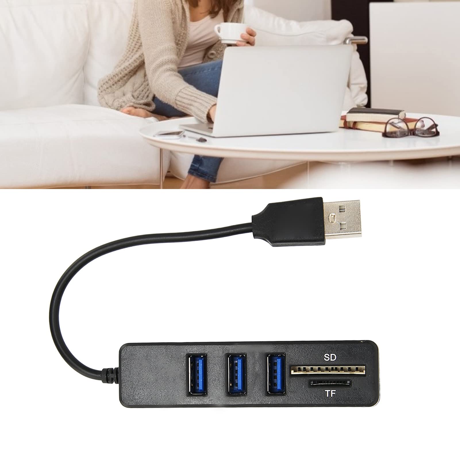 ASHATA USB2.0 Hub, 3 Ports USB Splitter High Speed Memory Card Storage Card Reader USB C Adapter Dongle for Keyboard, Mouse, U Disk, Plug and Play(Black)