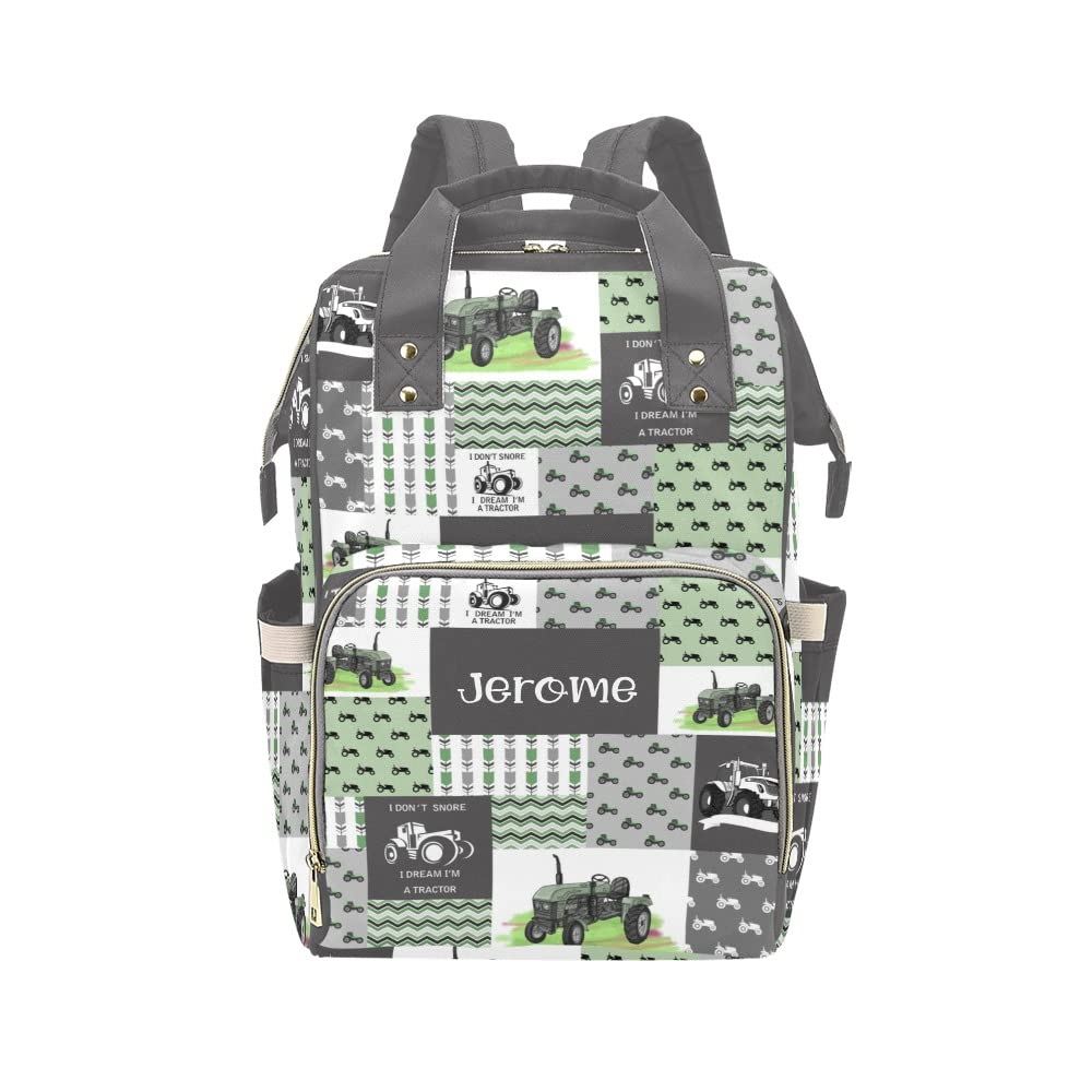 Urcustom Personalized Name Diaper Bag Backpack Retro Car Tractor Patchwork Green Multifunction Travel Backpack Nappy Bag Daypack for Mom Dad Boy Girl 10.83" L * 6.69"W * 15"H