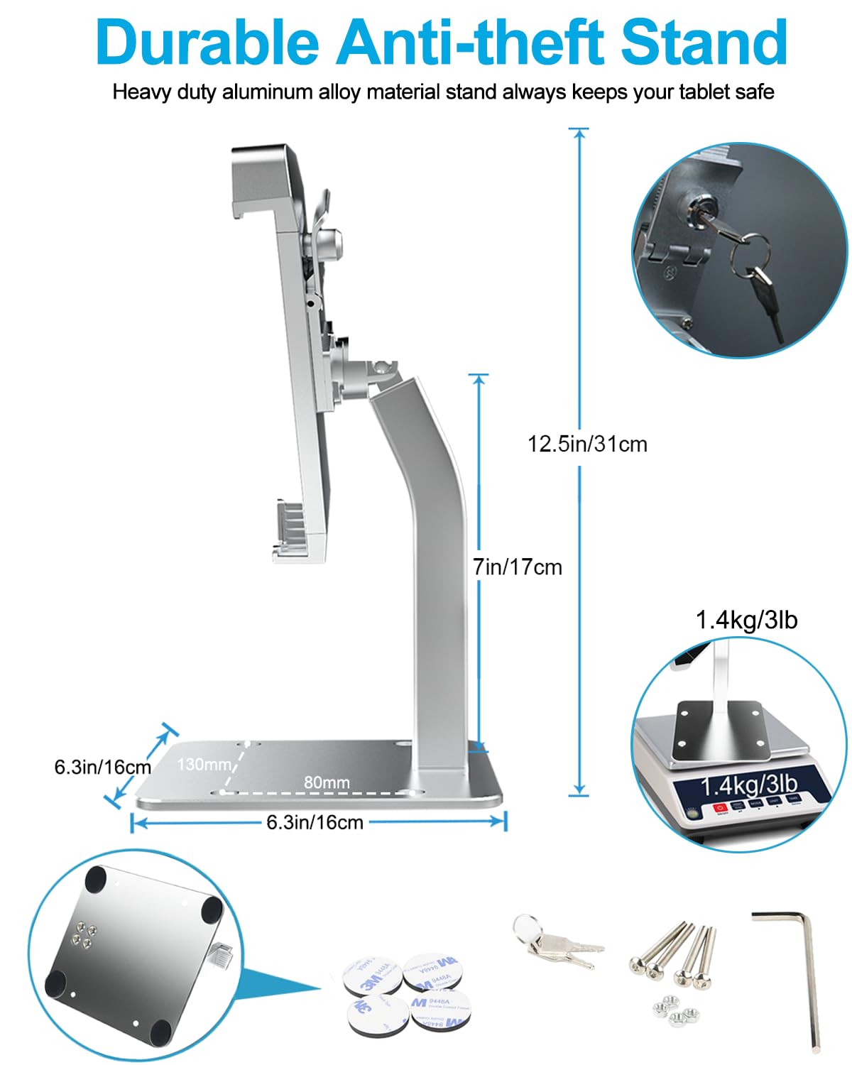 woleyi Anti-Theft Desktop Tablet Kiosk Stand Holder, Heavy Duty Countertop Tablet POS Display Mount with Security Lock and Key, Compatible with iPad Pro/Air/Mini, Galaxy Tabs, More 7-11" Tablets