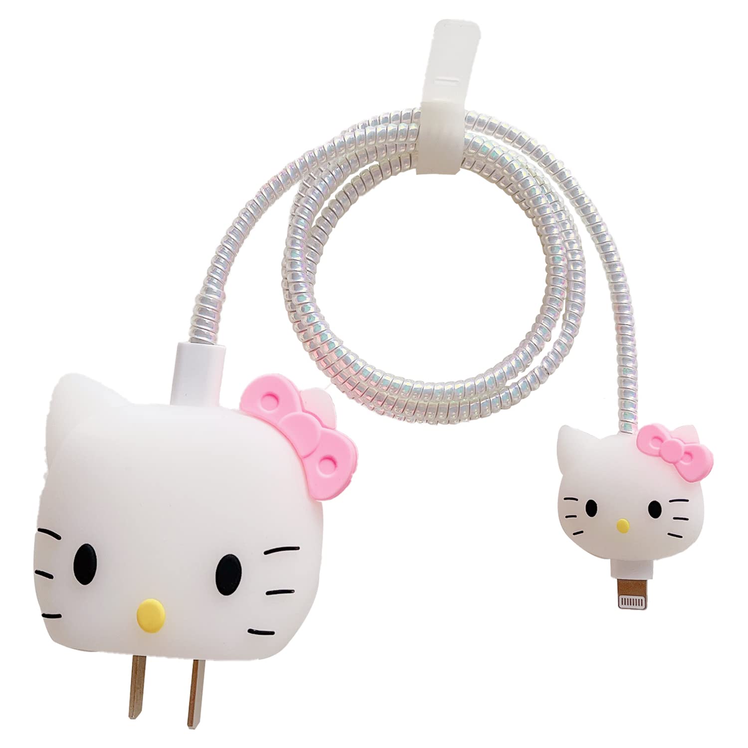 3D Cute Cartoon Wall Charger Protector Case - Compatible for Apple 20W USB-C Power Adapter and Lightning Cable (White Kitty)