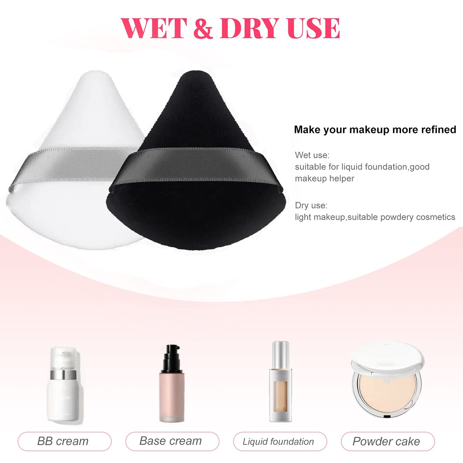 4 Pieces Pure Powder Puff Face Triangle Soft Makeup Powder Puff for Loose Powder with Strap Cosmetic Foundation Wet Dry Makeup (Black, White, pink, nude)