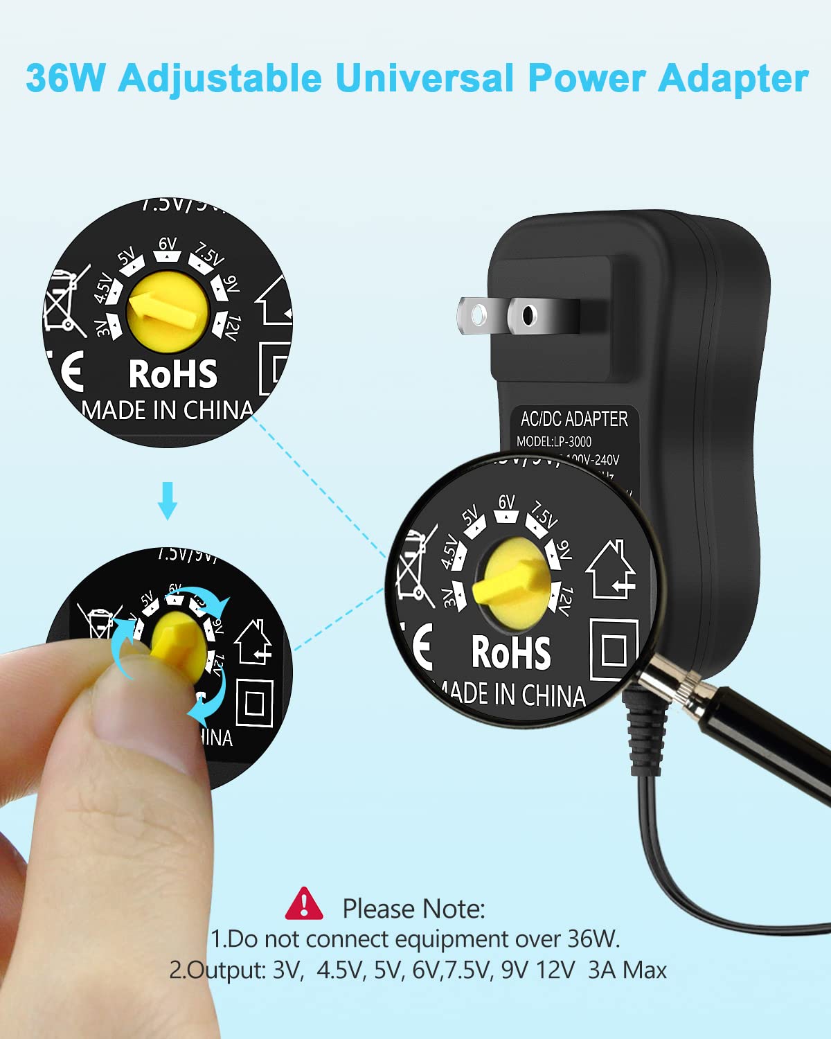 Aclorol 36W Universal AC/DC Power Adapter 3~12V 3A Adjustable Power Supply 100V-240V AC to DC 3V-12V 9V 7.5V 6V 5V 4.5V 3V 3A 2.5A 2A 1A Converter Switching with Polarity Converter & 14 Tips