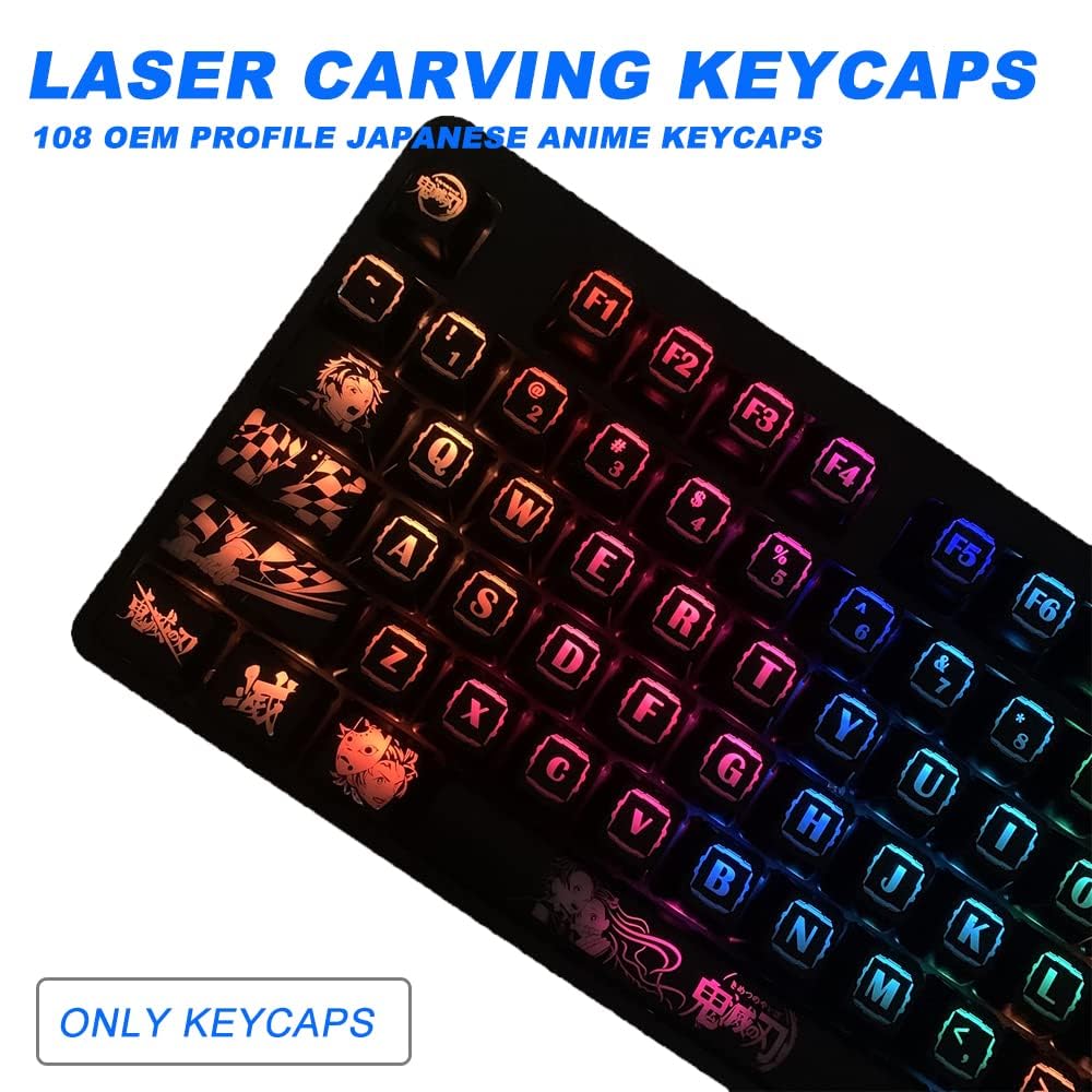 Japanese Anime Demon Slayer Translucent Keycaps 108 PBT Dye Sublimation OEM Profile for Cherry Mx Gateron Kailh Switch Mechanical Keyboard (Only keycaps)