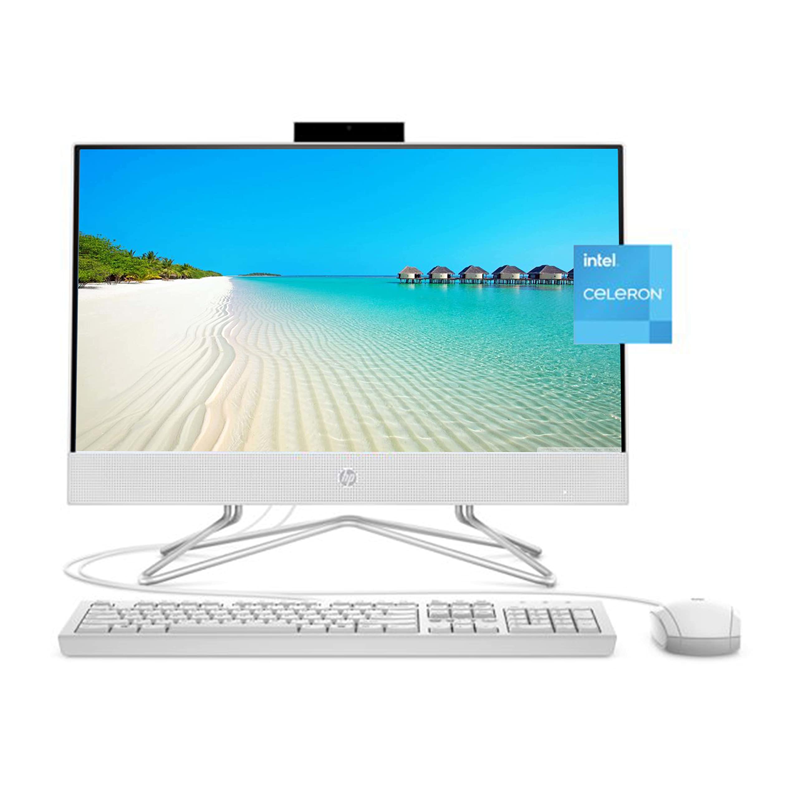 HP 2022 Newest All-in-One Desktop, 21.5" FHD Display, Intel Celeron G5905T, 8GB RAM, 256GB PCIe SSD, Webcam, WiFi, HDMI, RJ-45, Wired Keyboard&Mouse, DVD-RW, Windows 11 Home, White