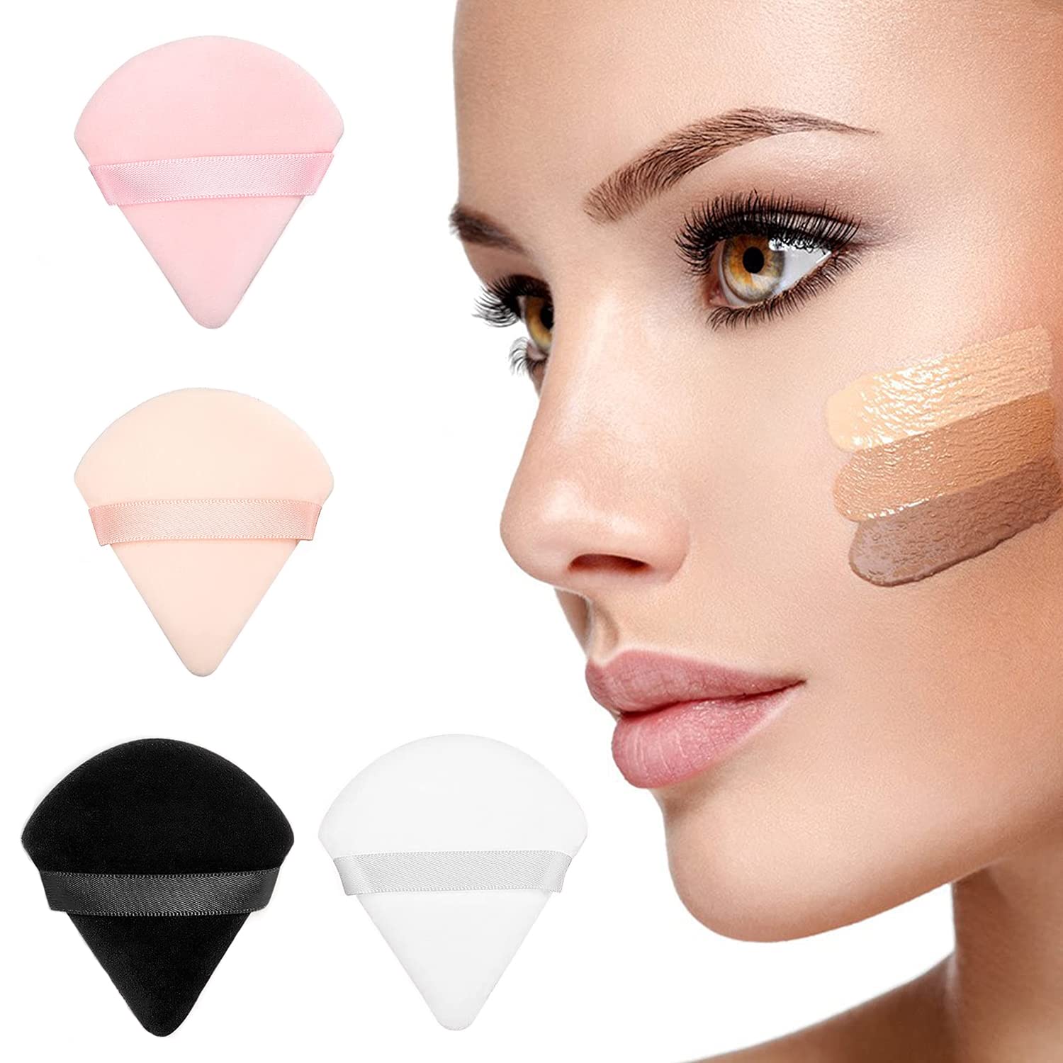 4 Pieces Pure Powder Puff Face Triangle Soft Makeup Powder Puff for Loose Powder with Strap Cosmetic Foundation Wet Dry Makeup (Black, White, pink, nude)