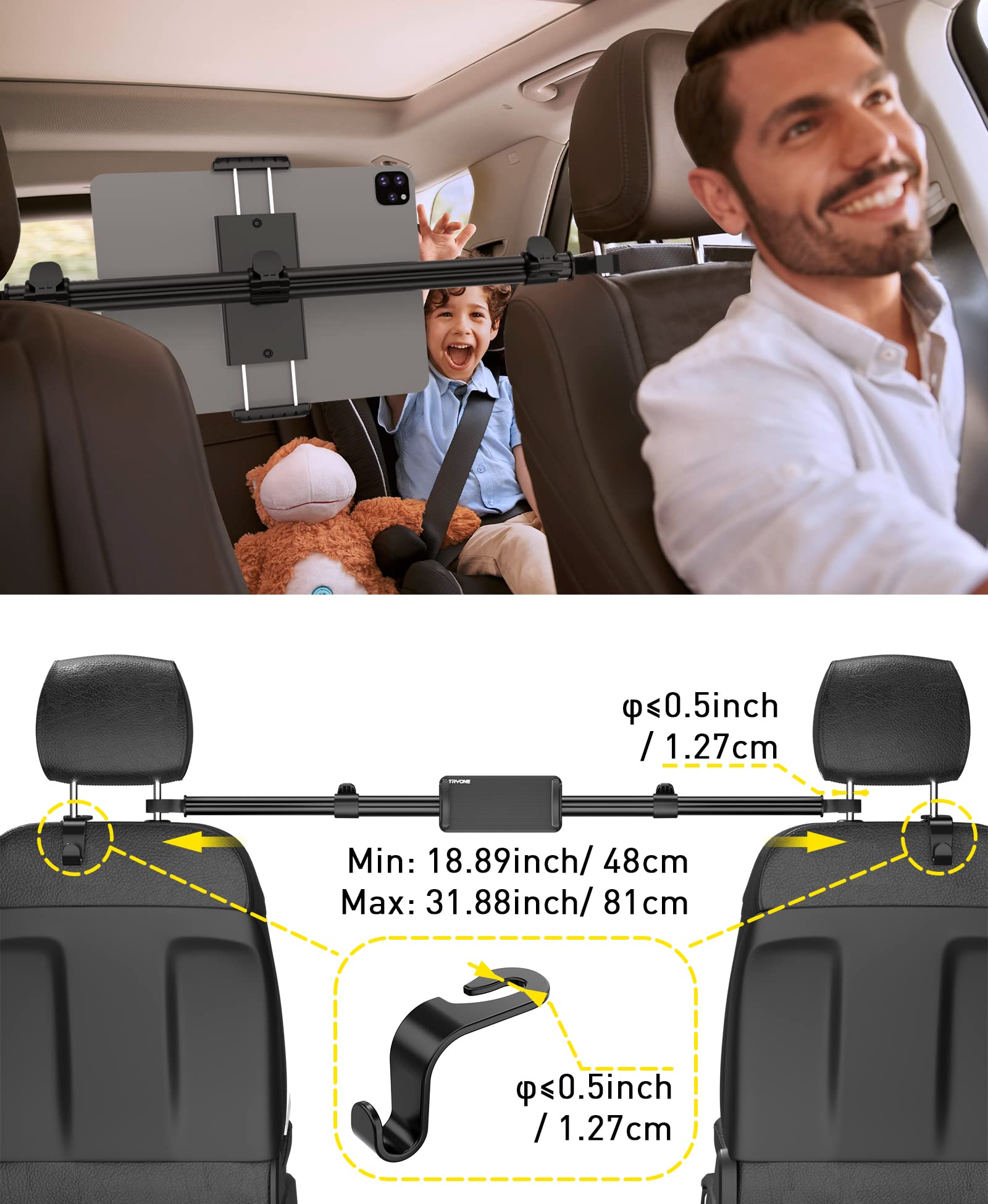 Car Tablet Holder Mount for iPad: Headrest Tablet Stand for Car Back Seat Compatible with iPad Pro Air Mini | Galaxy Tab | Kindle Fire HD | Switch OLED or Other 4.7-12.9" Devices