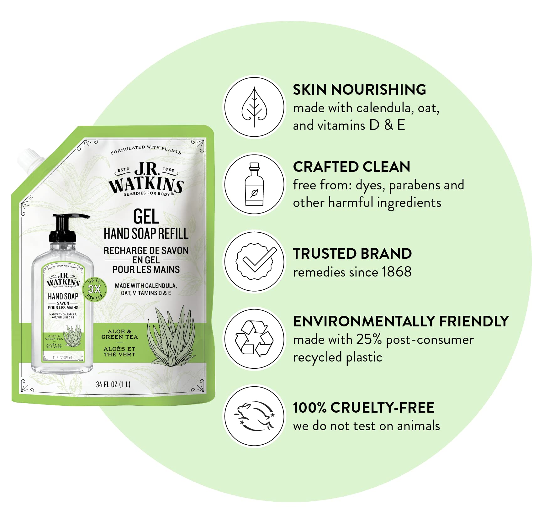 J.R. Watkins Gel Hand Soap Refill, Moisturizing Hand Wash, All Natural, Alcohol-Free, Cruelty-Free, USA Made, Aloe Green Tea, 34 Fl Oz, 3 Pack