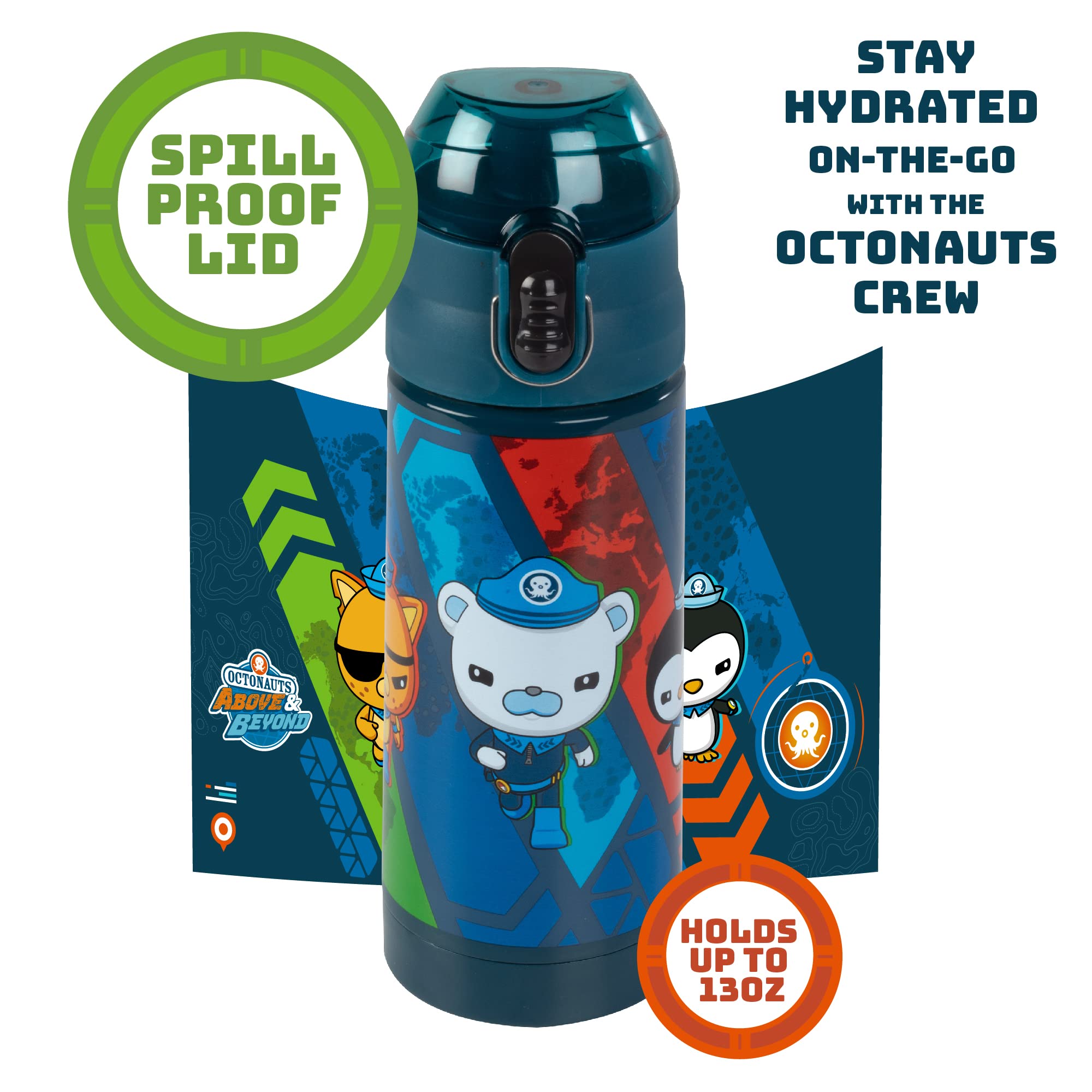 Octonauts Above & Beyond Blue Stainless Steel 13 oz Insulated Water Bottle for Kids - Spill Proof Lid, Easy to Use, Reusable - Keep Liquids Hot/Cold For Hours - Great for Travel, School, Sports, Camp