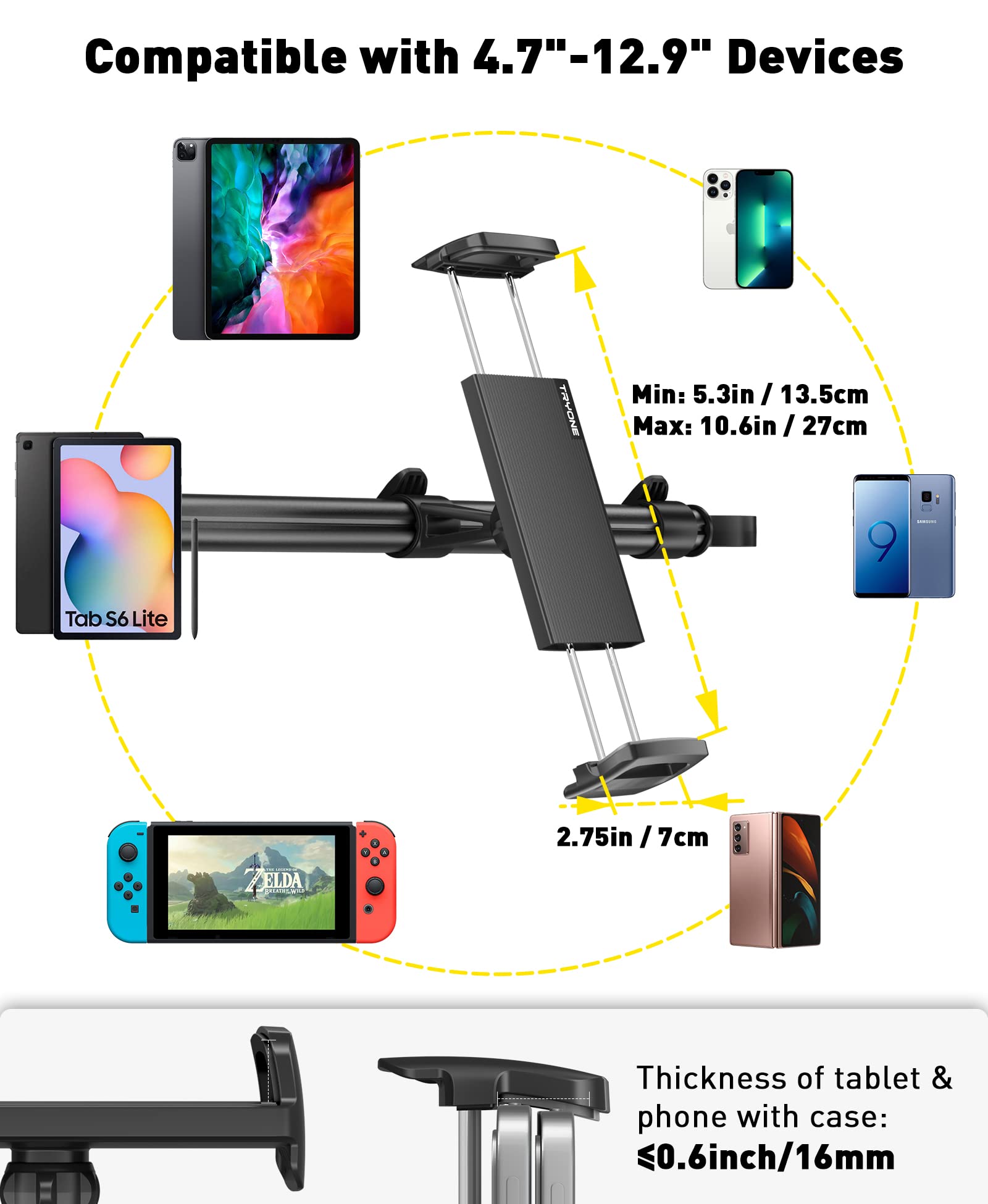 Car Tablet Holder Mount for iPad: Headrest Tablet Stand for Car Back Seat Compatible with iPad Pro Air Mini | Galaxy Tab | Kindle Fire HD | Switch OLED or Other 4.7-12.9" Devices