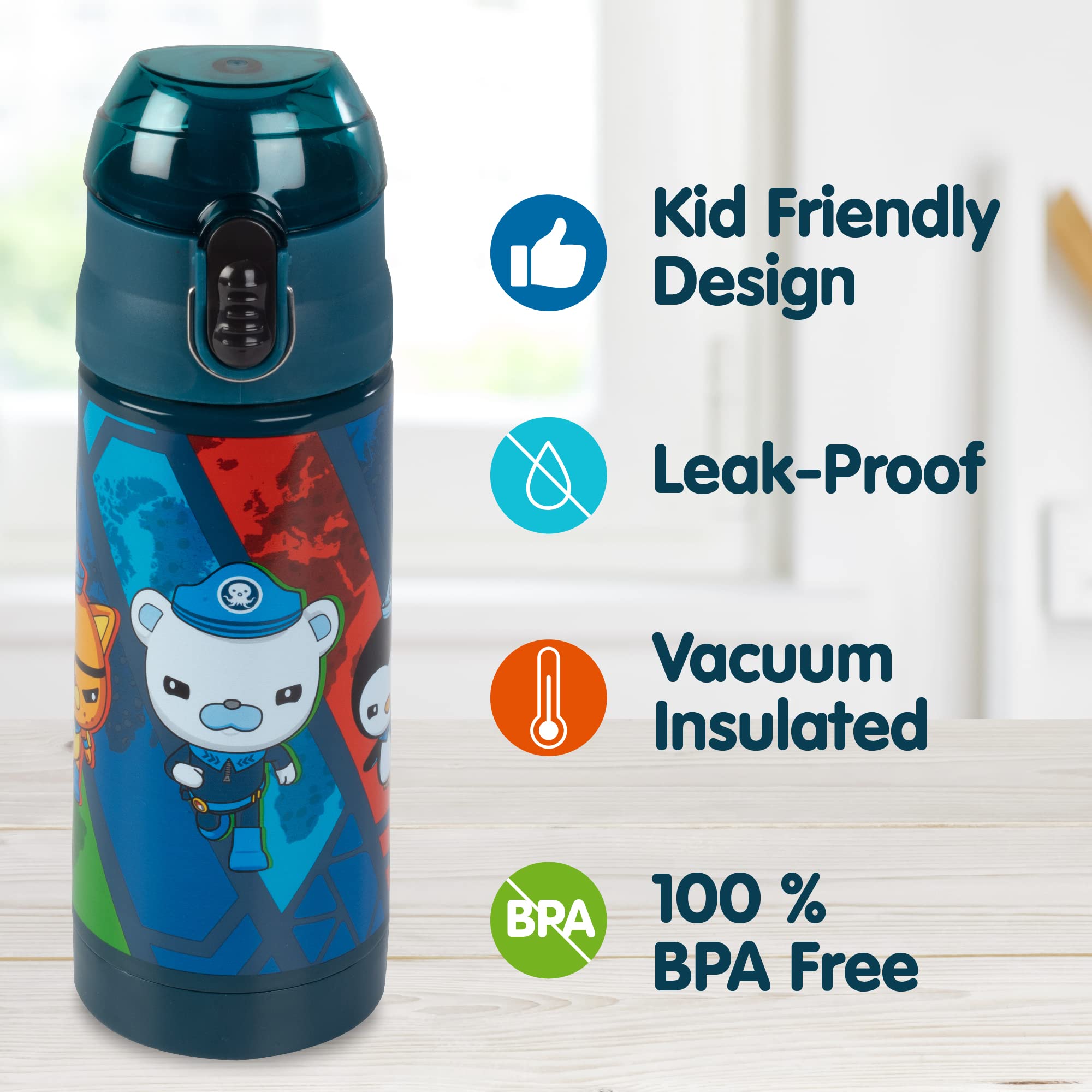 Octonauts Above & Beyond Blue Stainless Steel 13 oz Insulated Water Bottle for Kids - Spill Proof Lid, Easy to Use, Reusable - Keep Liquids Hot/Cold For Hours - Great for Travel, School, Sports, Camp