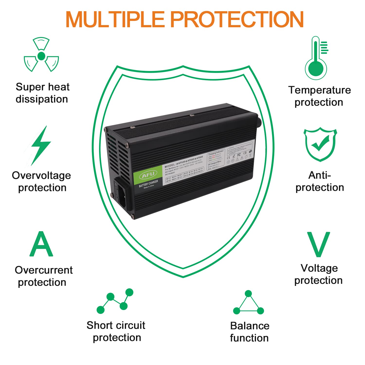 AFU 67.2V 8A Charger 60V Li-ion Battery Smart Charger Black Aluminum Case with Cooling Fan Output GX16 1+3- Plug/GX16 1+2- Plug for 16S 60V Li-ion Battery