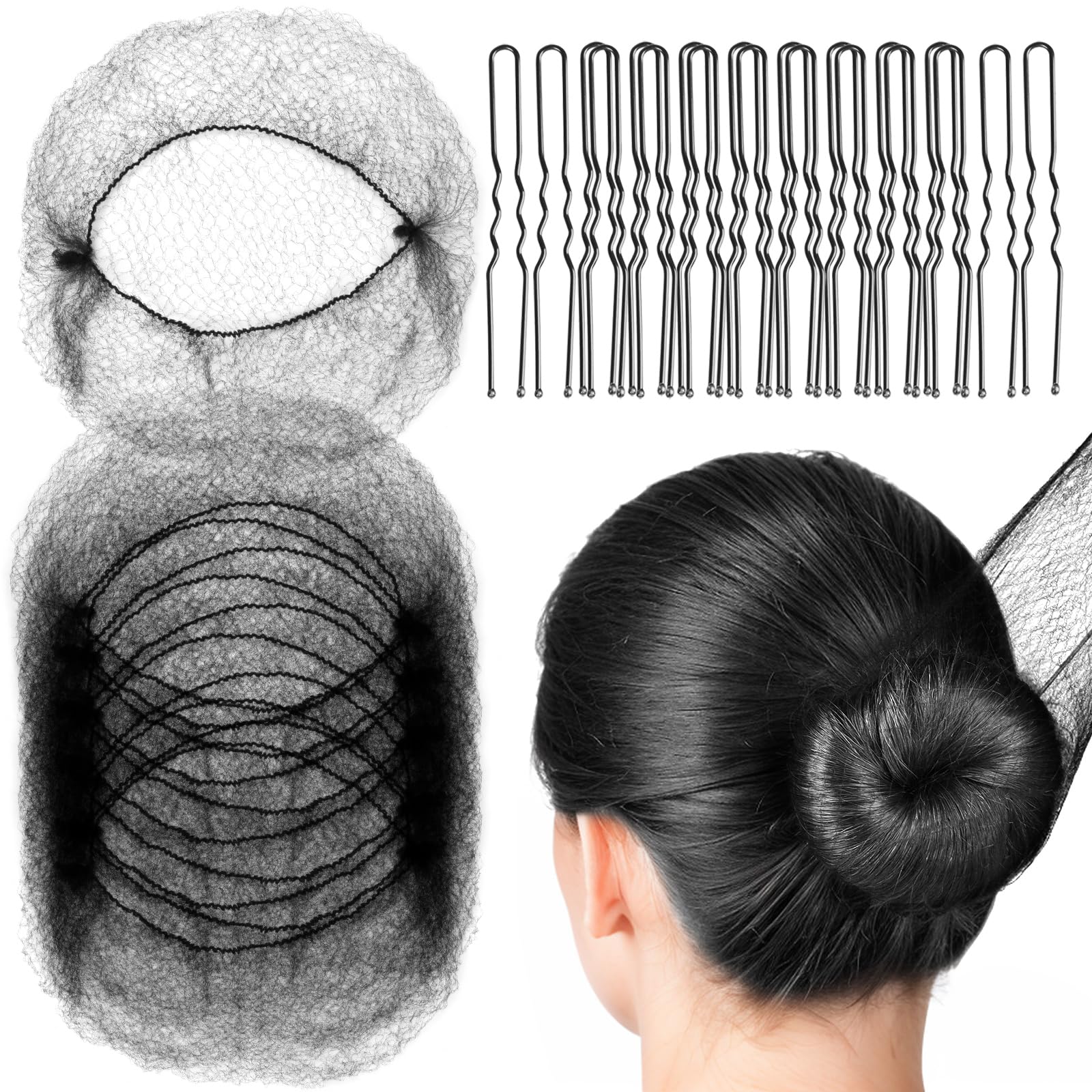 FANDAMEI Hair Nets, U Shaped Hair Pins Set - 20 Invisible Elastic Mesh Nets, 40 Bun Maker Pins for Women, Girls, Ballet Dance (Black)