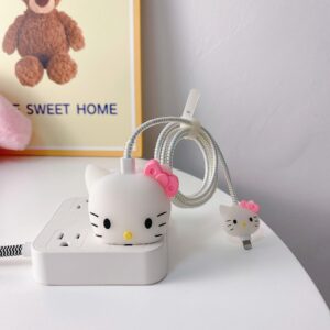 3D Cute Cartoon Wall Charger Protector Case - Compatible for Apple 20W USB-C Power Adapter and Lightning Cable (White Kitty)