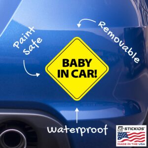 Stickios Baby in Car Stickers for Boys & Girls (2-Pack) - Paint-Safe, Removable, Non-Magnetic Baby Safety Stickers for Cars & Windows - Baby Yellow (2 Vinyl Decals)