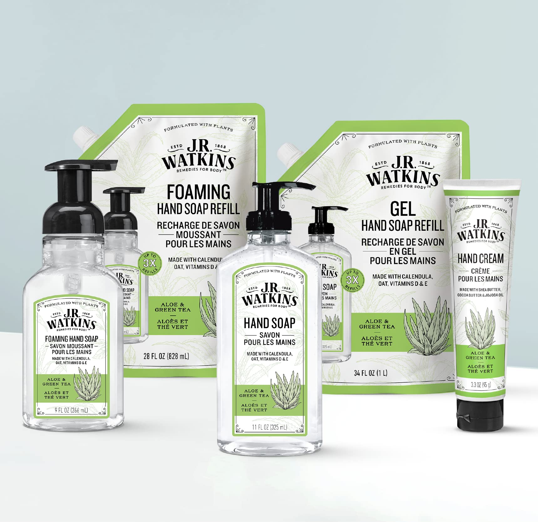 J.R. Watkins Gel Hand Soap Refill, Moisturizing Hand Wash, All Natural, Alcohol-Free, Cruelty-Free, USA Made, Aloe Green Tea, 34 Fl Oz, 3 Pack