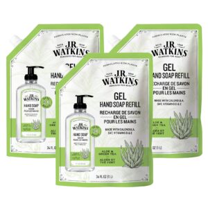 J.R. Watkins Gel Hand Soap Refill, Moisturizing Hand Wash, All Natural, Alcohol-Free, Cruelty-Free, USA Made, Aloe Green Tea, 34 Fl Oz, 3 Pack