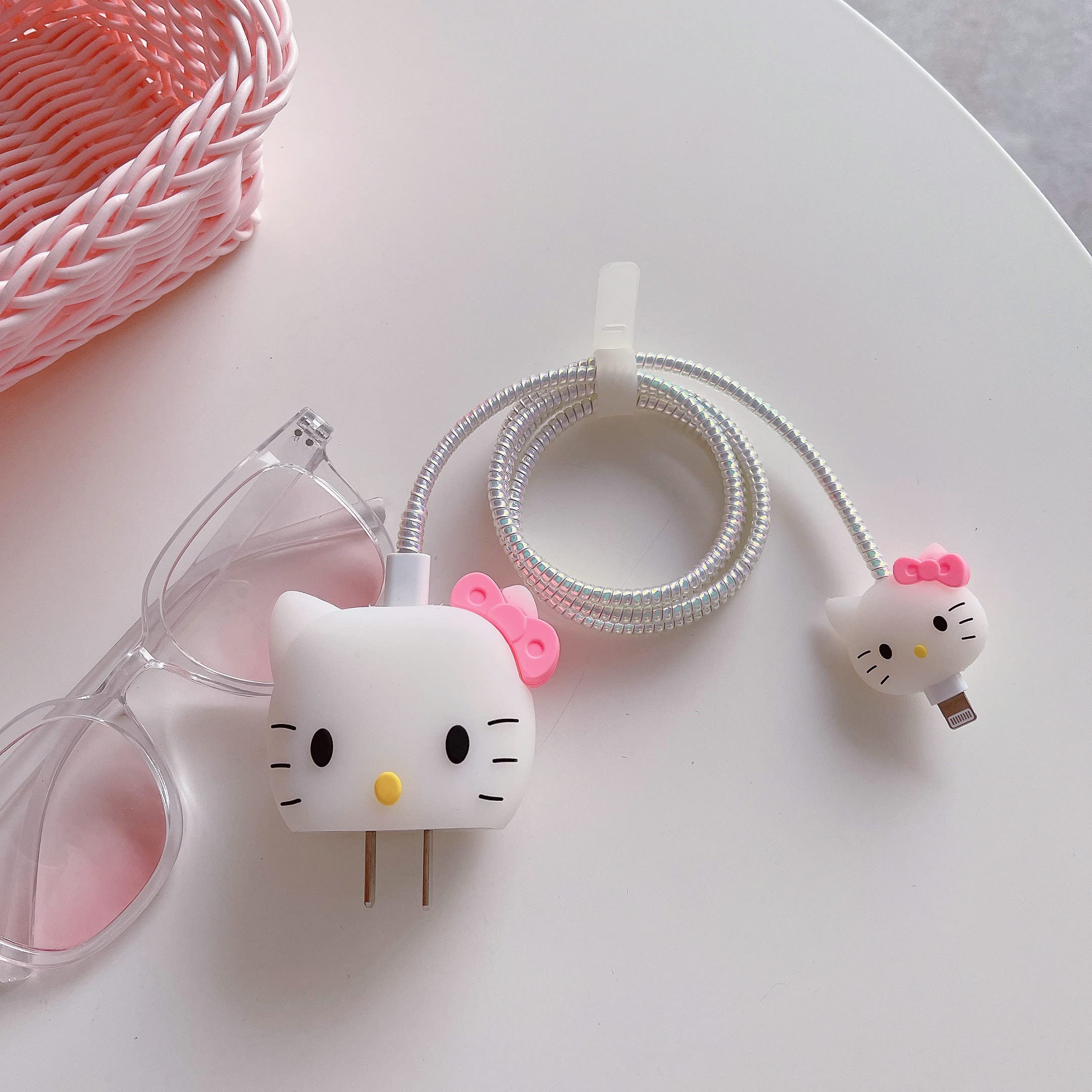 3D Cute Cartoon Wall Charger Protector Case - Compatible for Apple 20W USB-C Power Adapter and Lightning Cable (White Kitty)