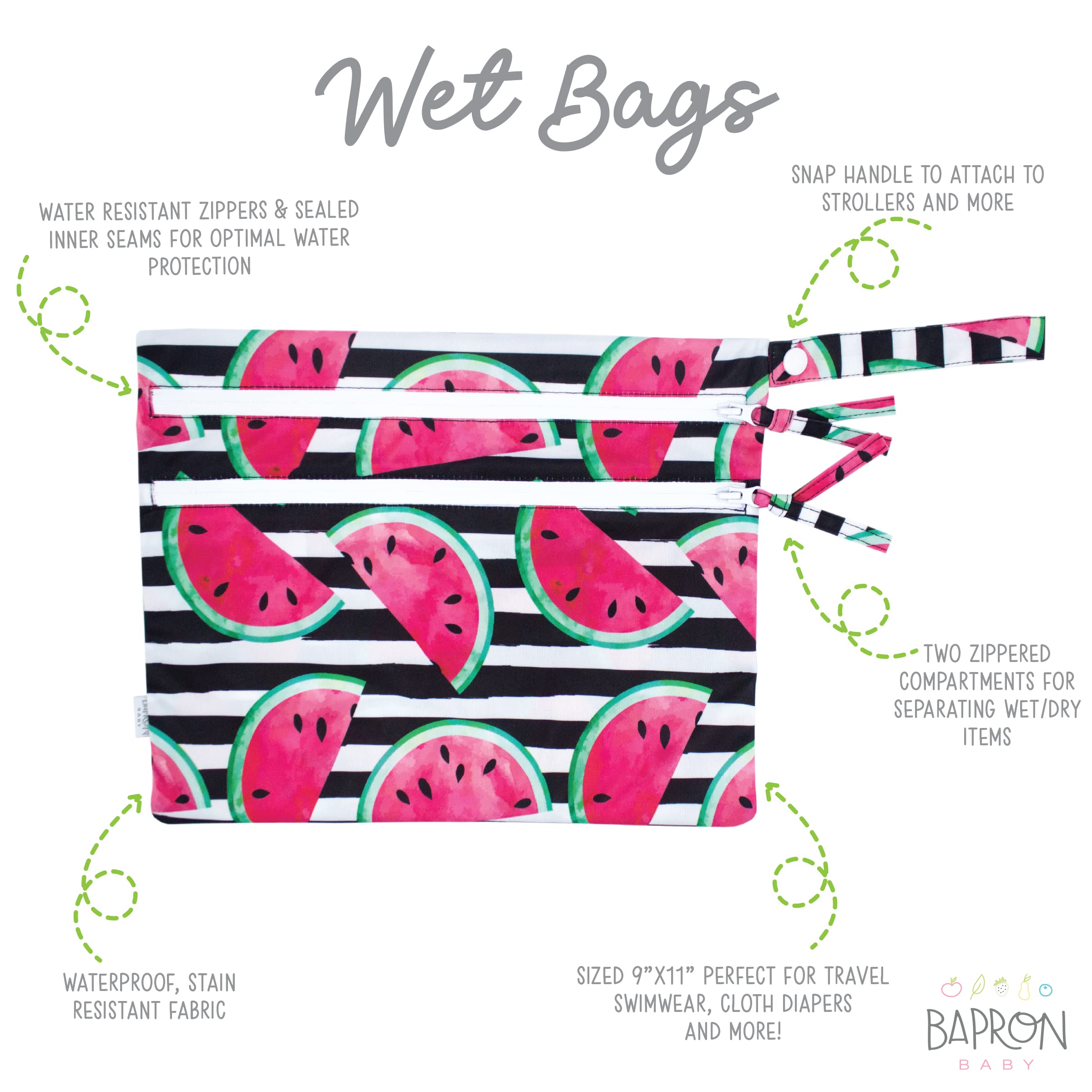 BapronBaby Summer Stripes Watermelon Wet Dry Bag - Waterproof Two Zipper Pockets - Reusable for Mealtime, Diapers, Stroller, Snacks, Swimsuits - Machine Washable - 11" x 9"