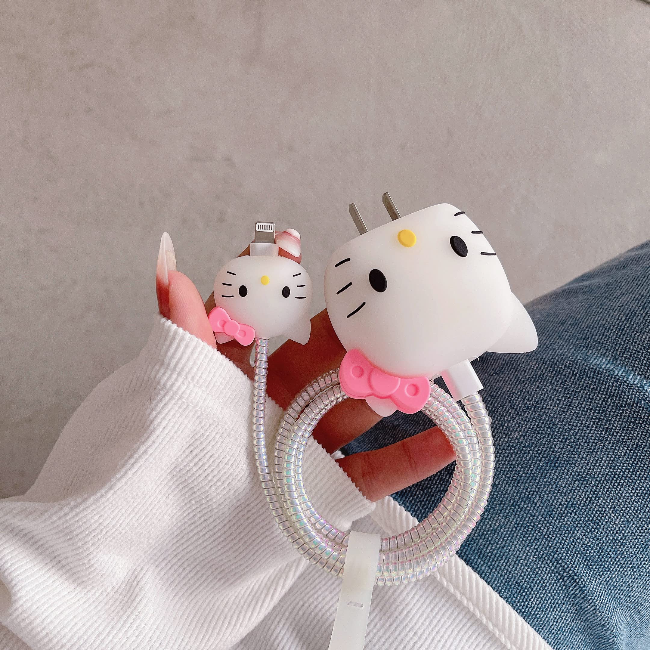 3D Cute Cartoon Wall Charger Protector Case - Compatible for Apple 20W USB-C Power Adapter and Lightning Cable (White Kitty)