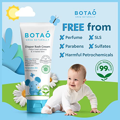 BOTAO Baby's Natural Diaper Cream | Organic Diaper Cream EWG Verified | Naturally Soothes Baby Rashes | Baby zinc Ointment Natural | For Sensitive Skin with Aloe Vera & Calendula, 2.5Oz