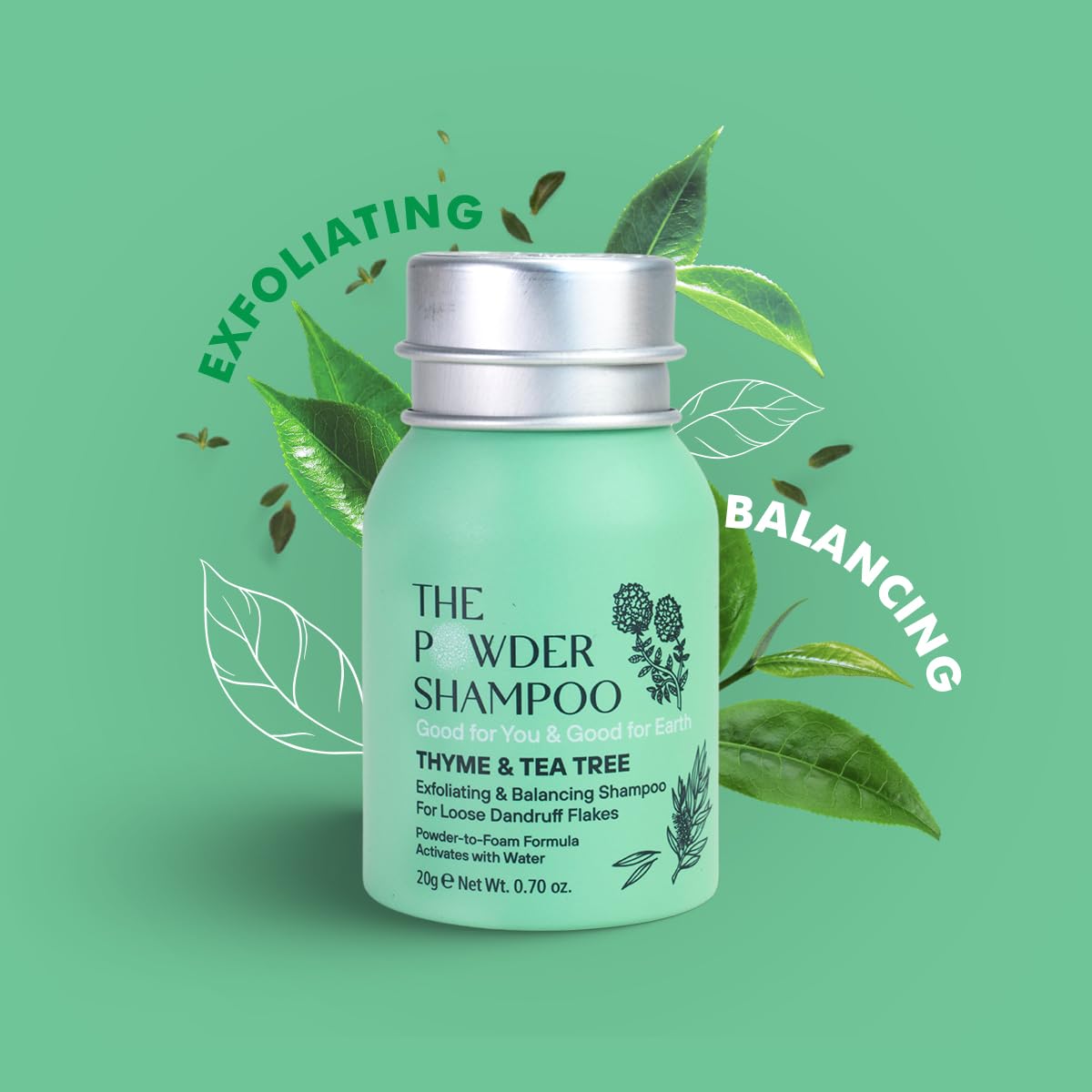 Exfoliating Foaming Powder Shampoo for Dandruff | 20x Washes | Vegan, Eco-Friendly, Tea Tree, Salicylic Acid 0.7 Oz Mini Aluminum Bottle