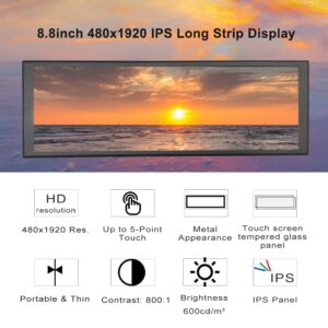 LESOWN 8.8 inch Wide Touch Screen Monitor LCD Display, 480x1920 LCD Monitor bar LCD Display Ultra Wide Screen Monitor for Windows Rpi4