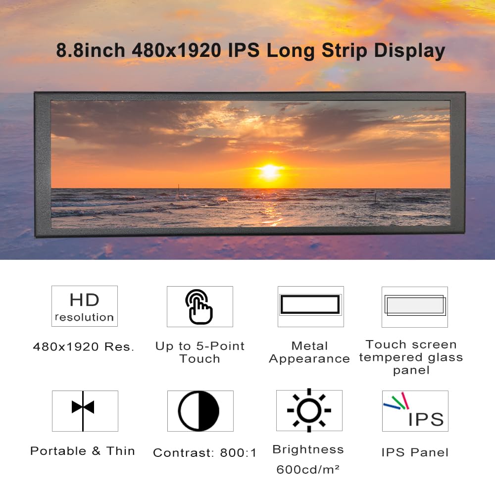 LESOWN 8.8 inch Wide Touch Screen Monitor LCD Display, 480x1920 LCD Monitor bar LCD Display Ultra Wide Screen Monitor for Windows Rpi4